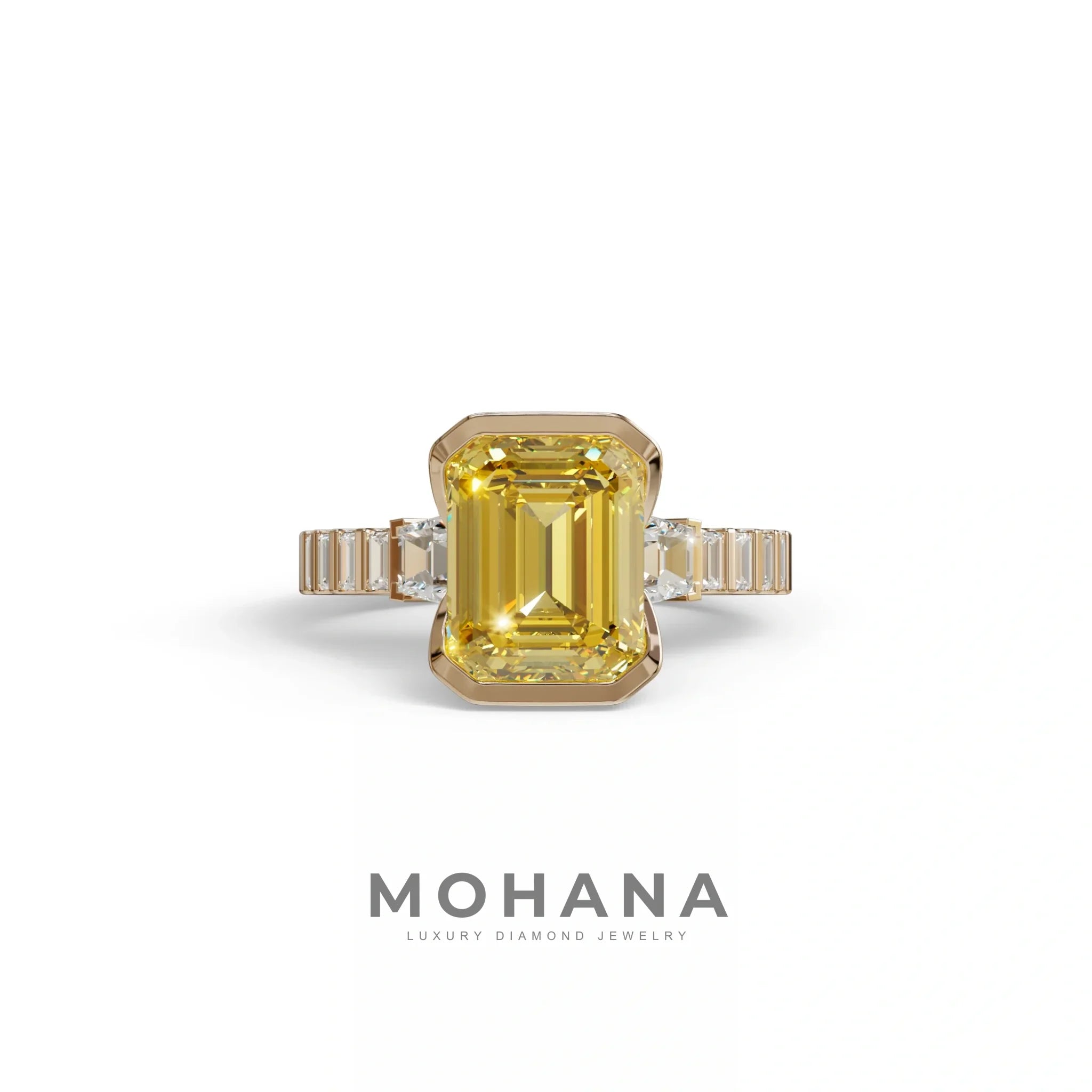 3 Carat Yellow Emerald Cut Three Stone Lab Diamond Engagement Ring - Gatsby - 10K Solid Gold / Rose Gold
