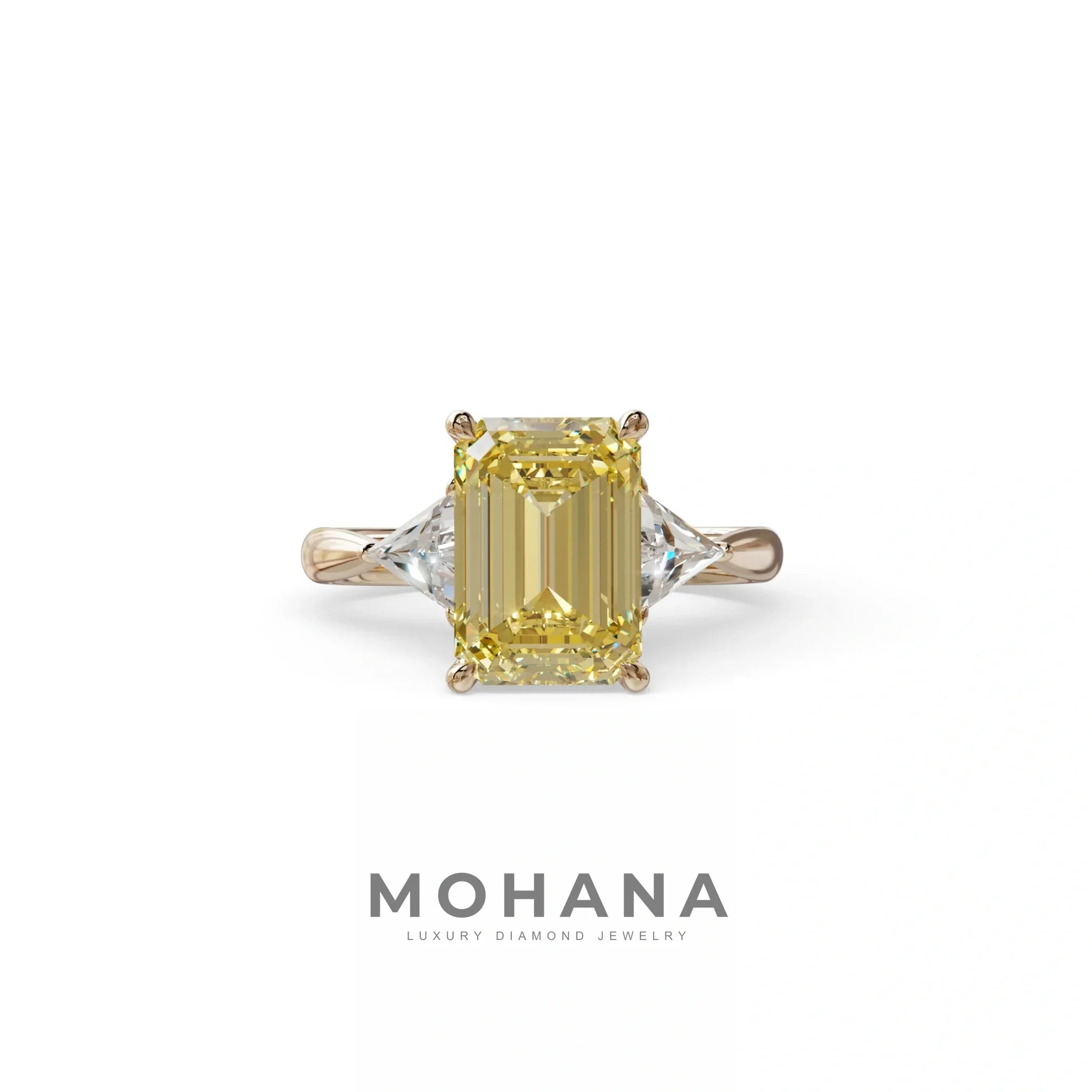 3Ct Fancy Intense Yellow Emerald Cut Lab Grown Diamond Three Stone Engagement Ring - Polaris - 10K Solid Gold / Rose