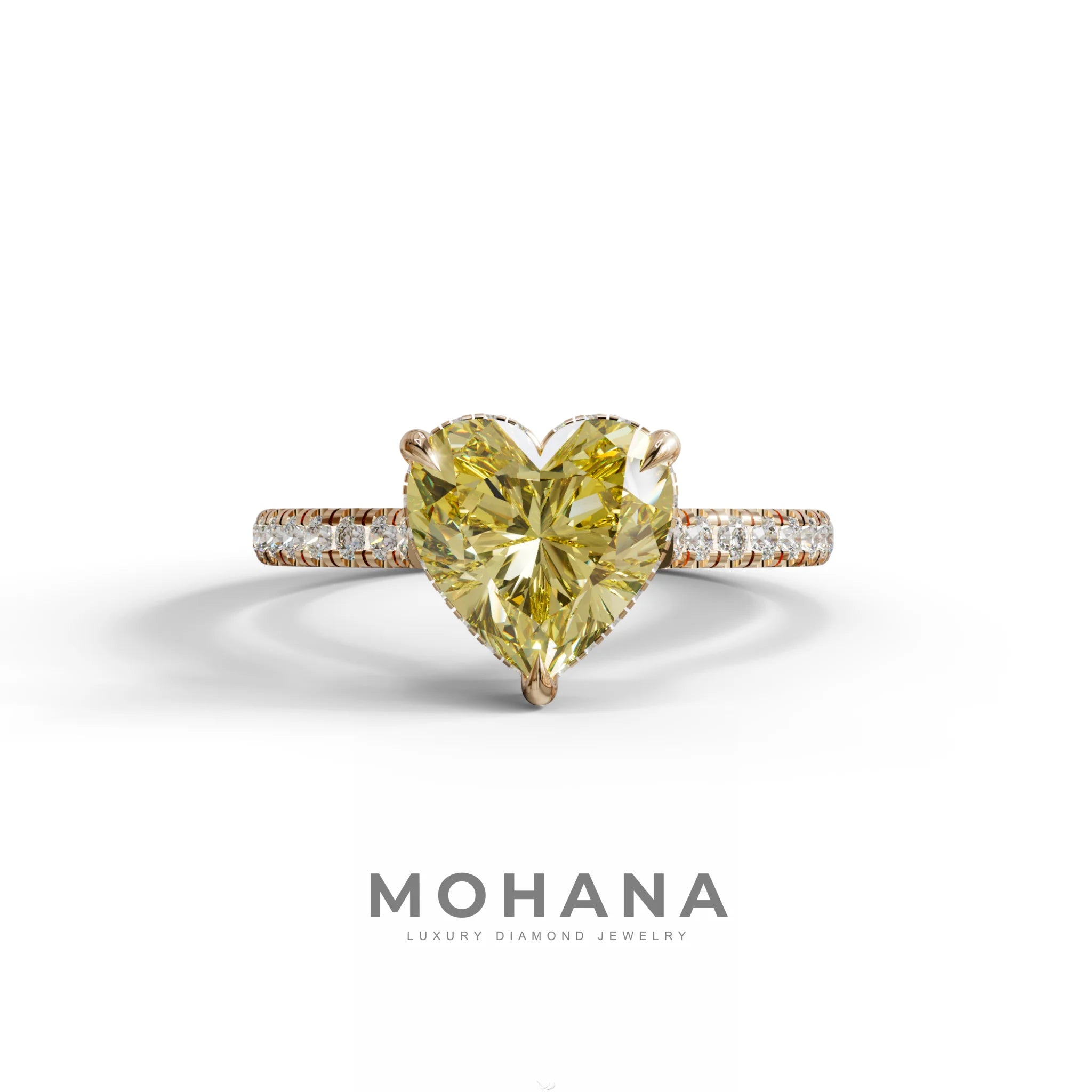 Yellow Heart Cut Lab Grown Diamond Engagement Ring – Pavé Band Setting - 10K Solid Gold / Rose Gold