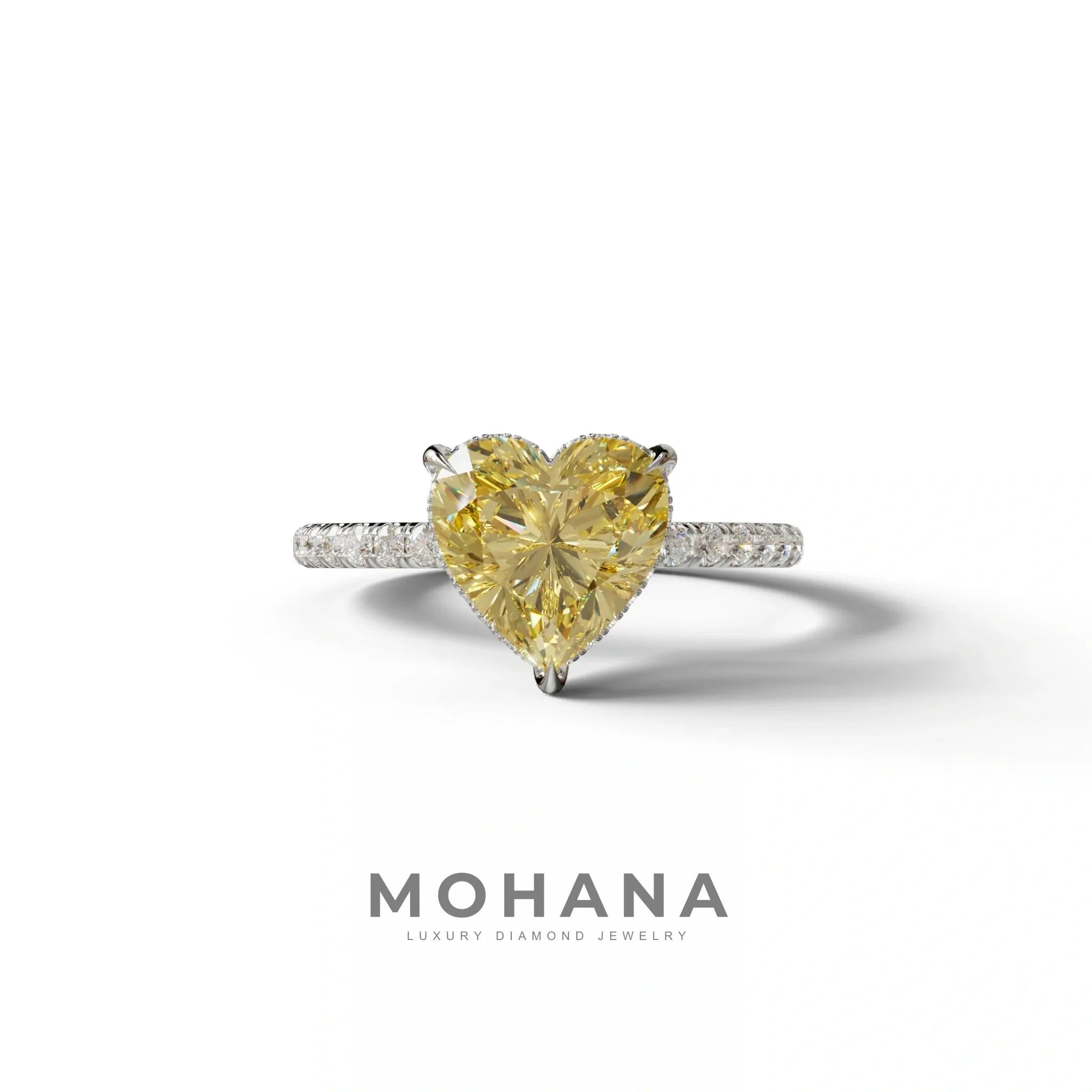 Yellow 3 Carat Heart Cut Hidden Halo & Pavé Setting Engagement Ring - 10K Solid Gold / White Gold