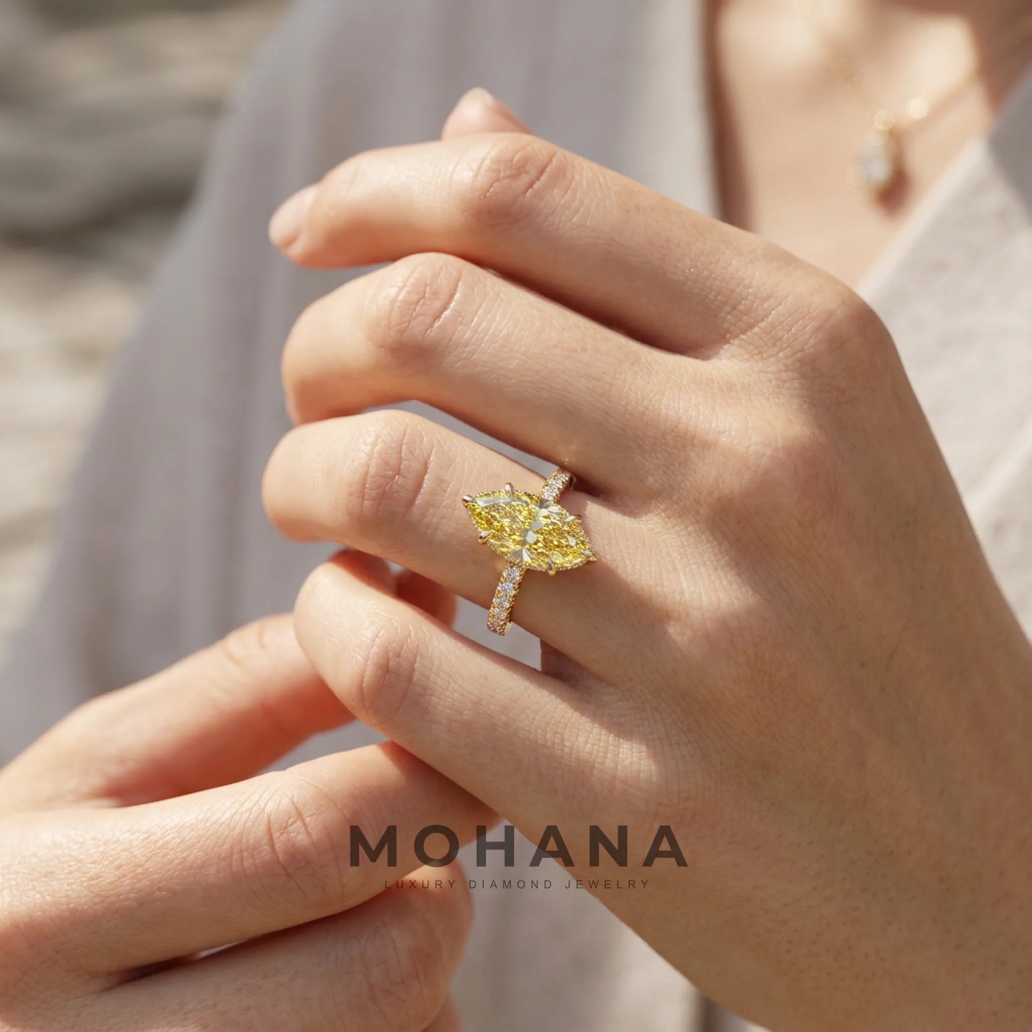 3 Carat Fancy Yellow Marquise Hidden Halo Lab Grown Diamond Engagement Ring