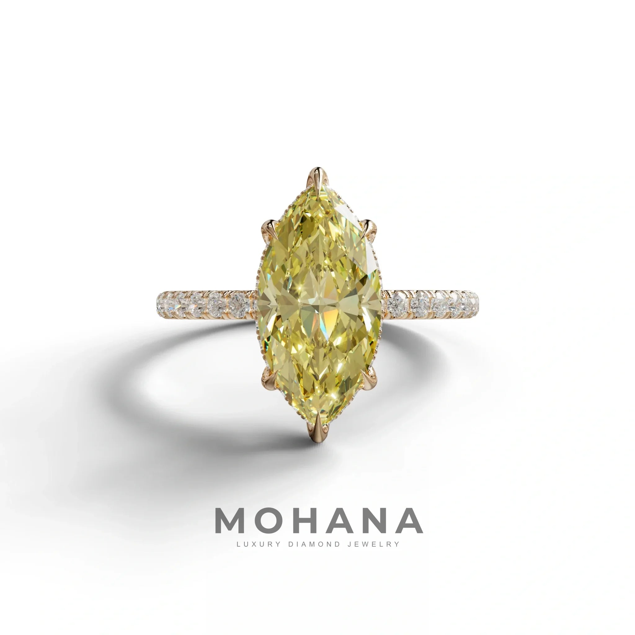 3 Carat Yellow Marquise Cut Lab Diamond In Hidden Halo & Pave Setting Ring - 10K Solid Gold / Rose Gold