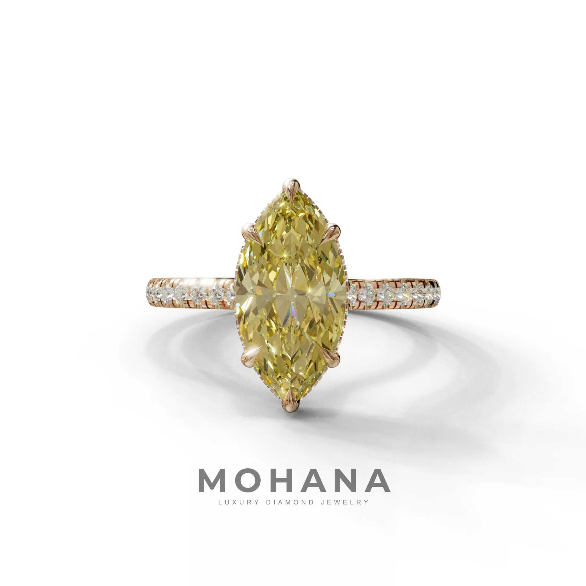 3 Carat Yellow Marquise Cut Hidden Halo & Pave Set Lab Diamond Ring - Eblouissant - 10K Solid Gold / Rose Gold