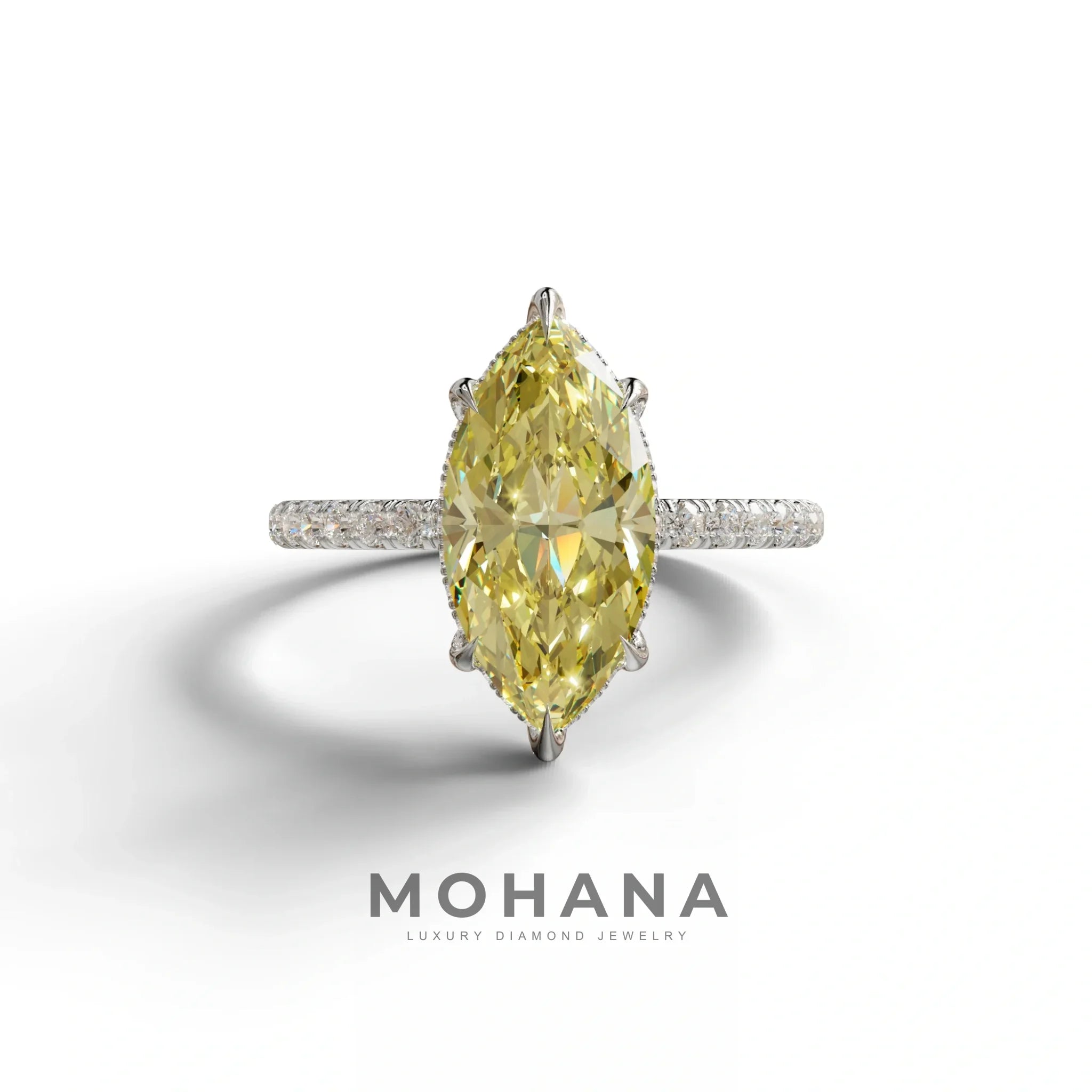 3 Carat Yellow Marquise Cut Lab Diamond In Hidden Halo & Pave Setting Ring - 10K Solid Gold / White Gold