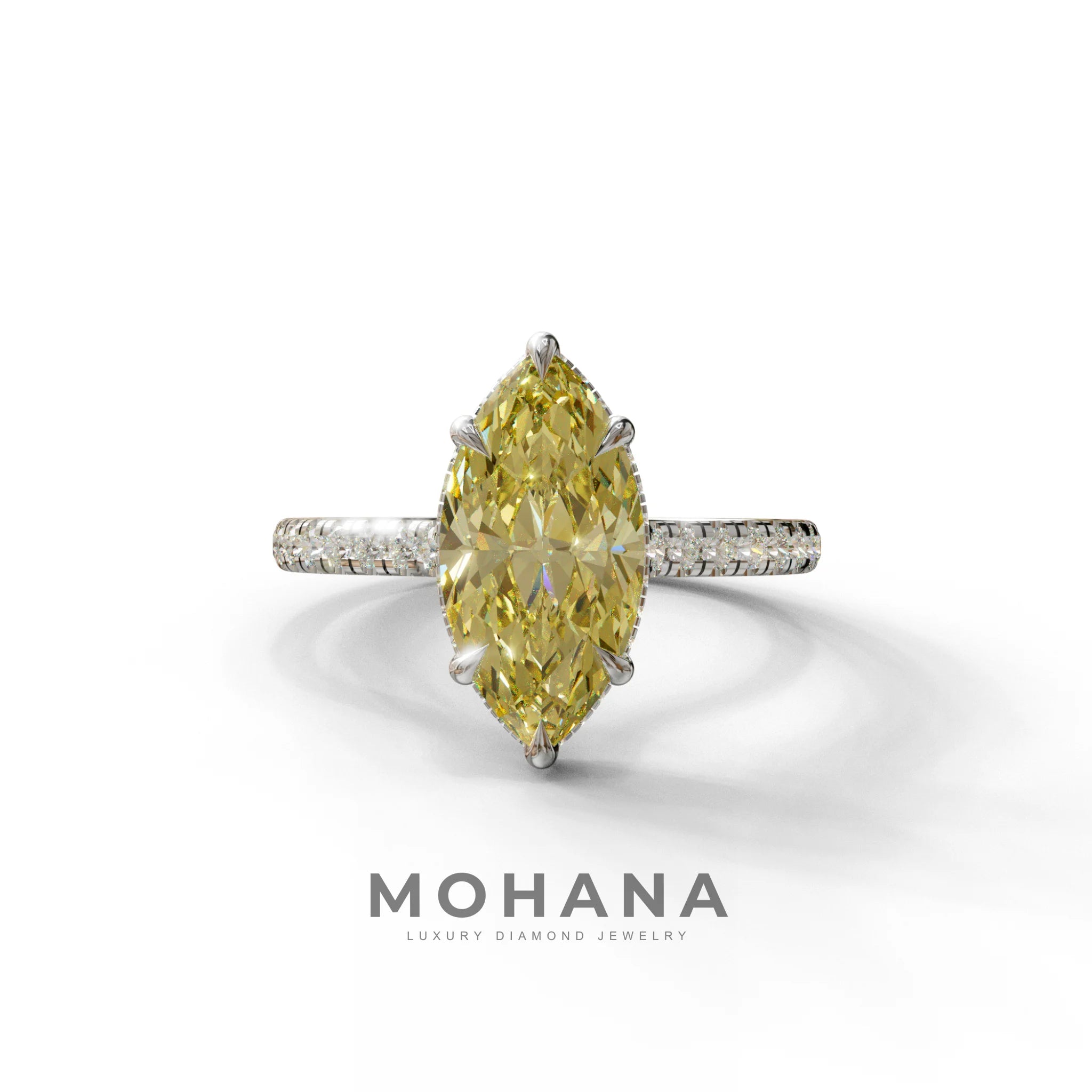 3 Carat Yellow Marquise Cut Hidden Halo & Pave Set Lab Diamond Ring - Eblouissant - 10K Solid Gold / White Gold