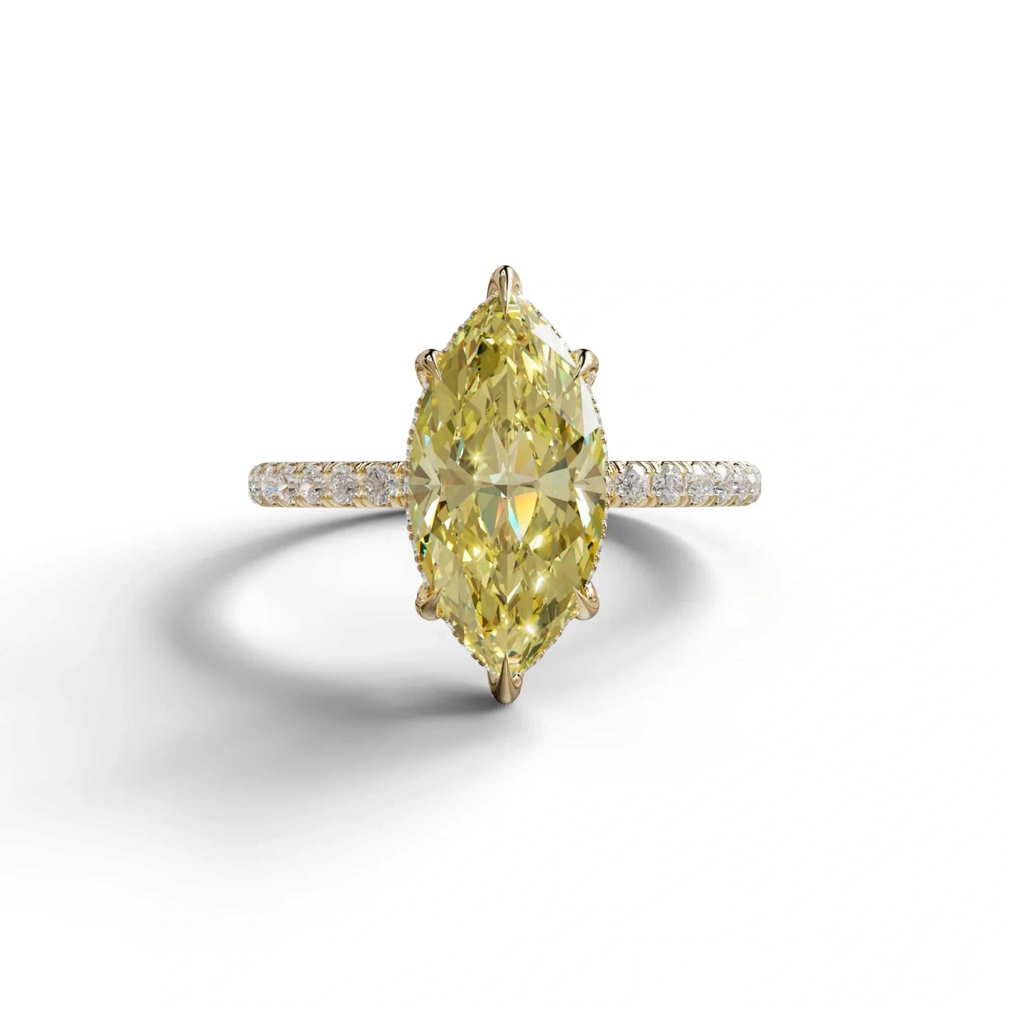 3 Carat Yellow Marquise Cut Lab Diamond In Hidden Halo & Pave Setting Ring - 10K Solid Gold / Yellow Gold