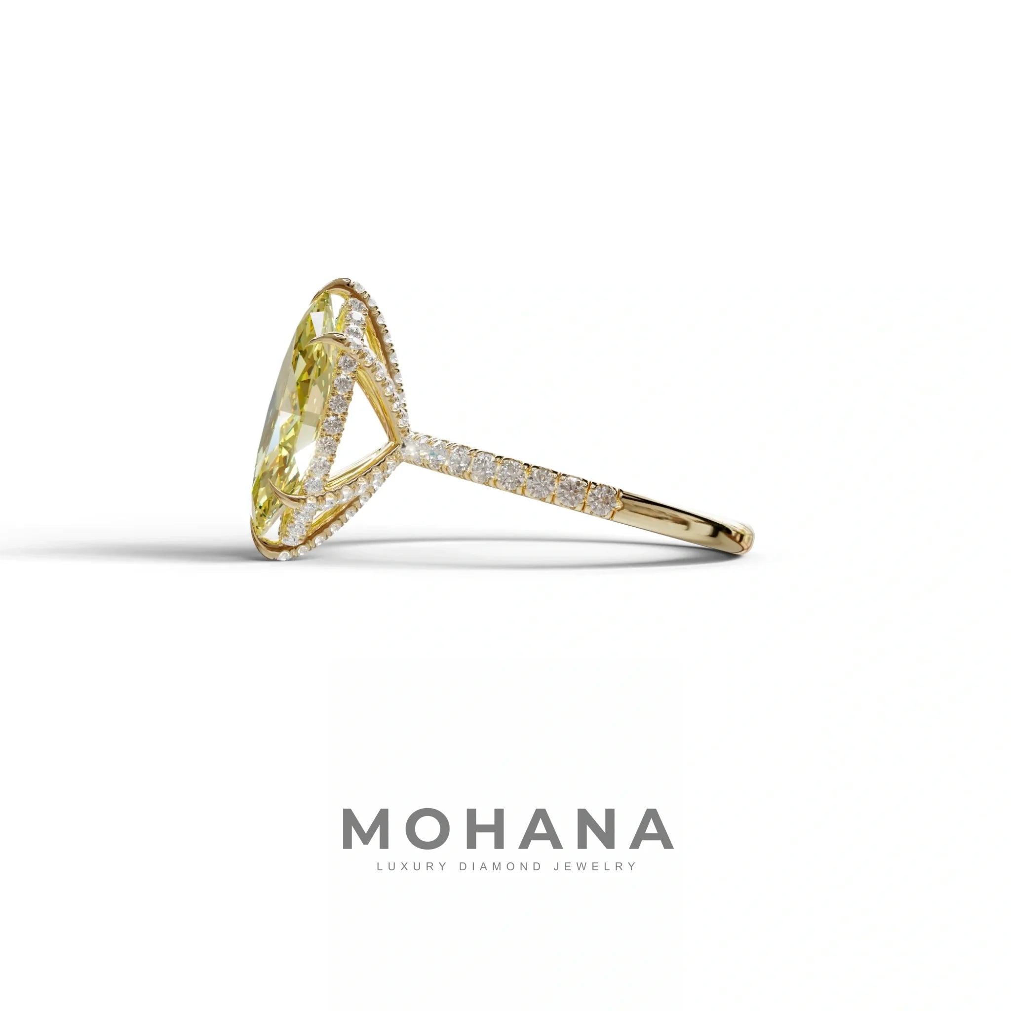 3 Carat Yellow Marquise Cut Lab Diamond In Hidden Halo & Pave Setting Ring