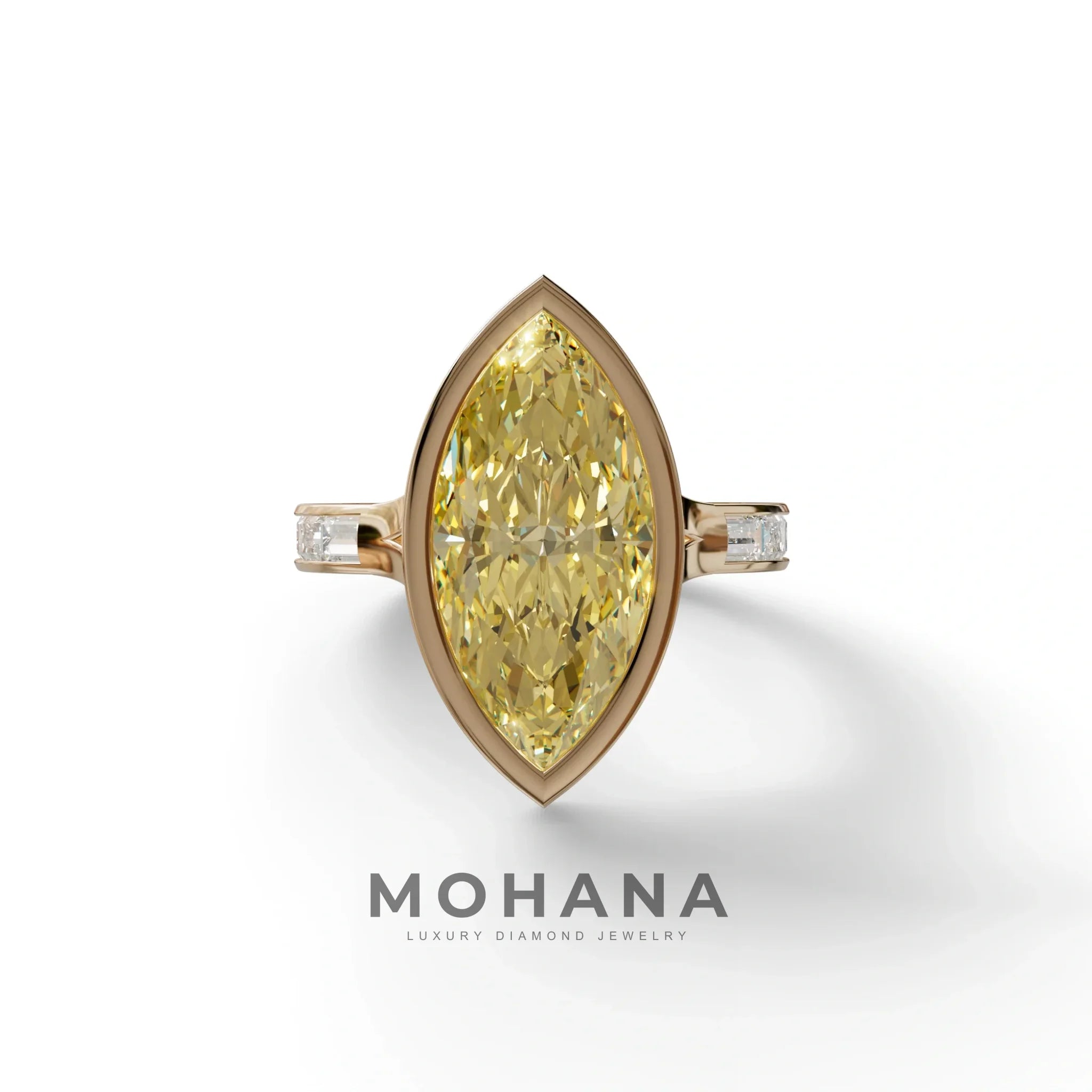 3 Ct Marquise Cut Yellow Color Lab Diamond Ring With Bezel Set - Kayla - 10K Solid Gold / Rose Gold