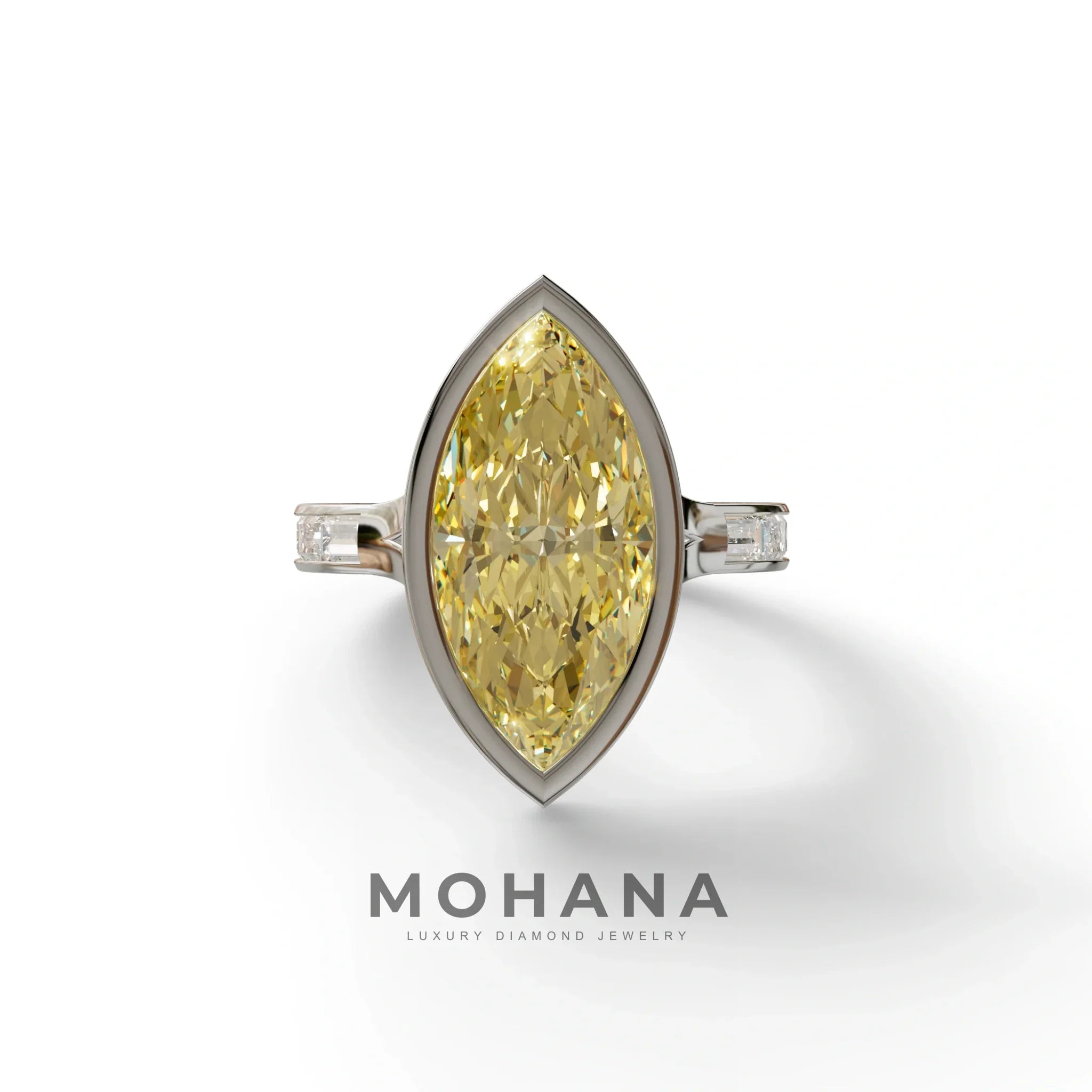 3 Ct Marquise Cut Yellow Color Lab Diamond Ring With Bezel Set - Kayla - 10K Solid Gold / White Gold