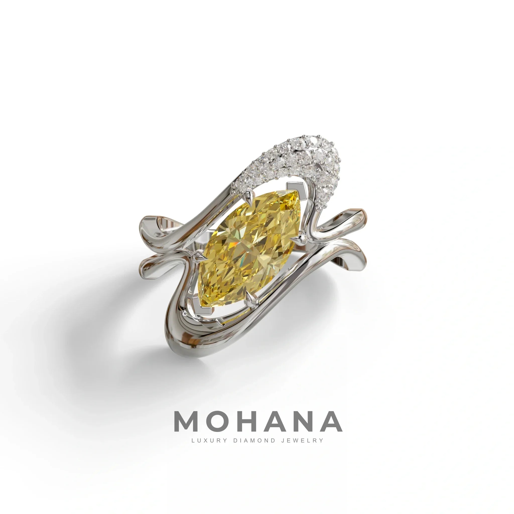 3 Carat Marquise Cut Yellow Lab Grown Diamond Ring - Myka - 10K Solid Gold / White Gold