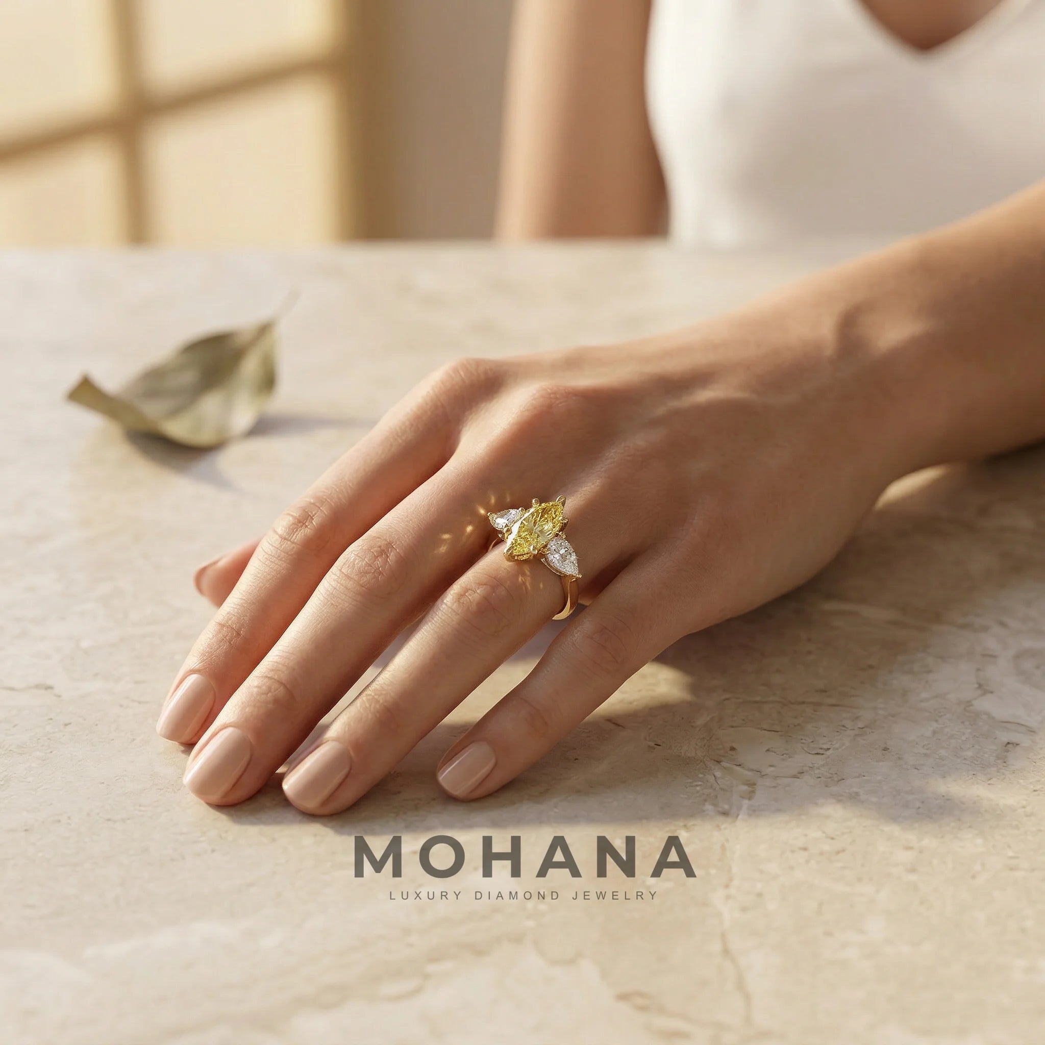 3 Carat Canary Yellow Marquise & Pear Cut Three Stone Lab Grown Diamond Engagement Ring