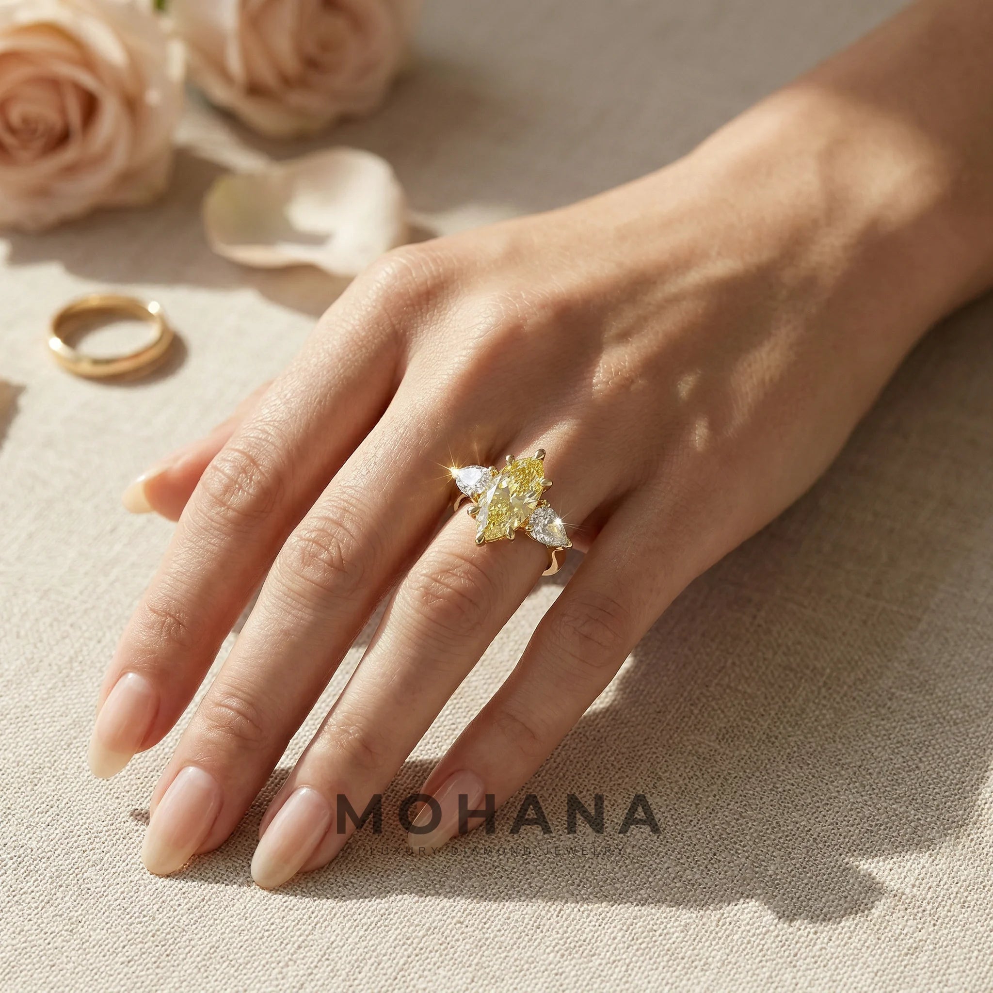 3 Carat Canary Yellow Marquise & Pear Cut Three Stone Lab Grown Diamond Engagement Ring