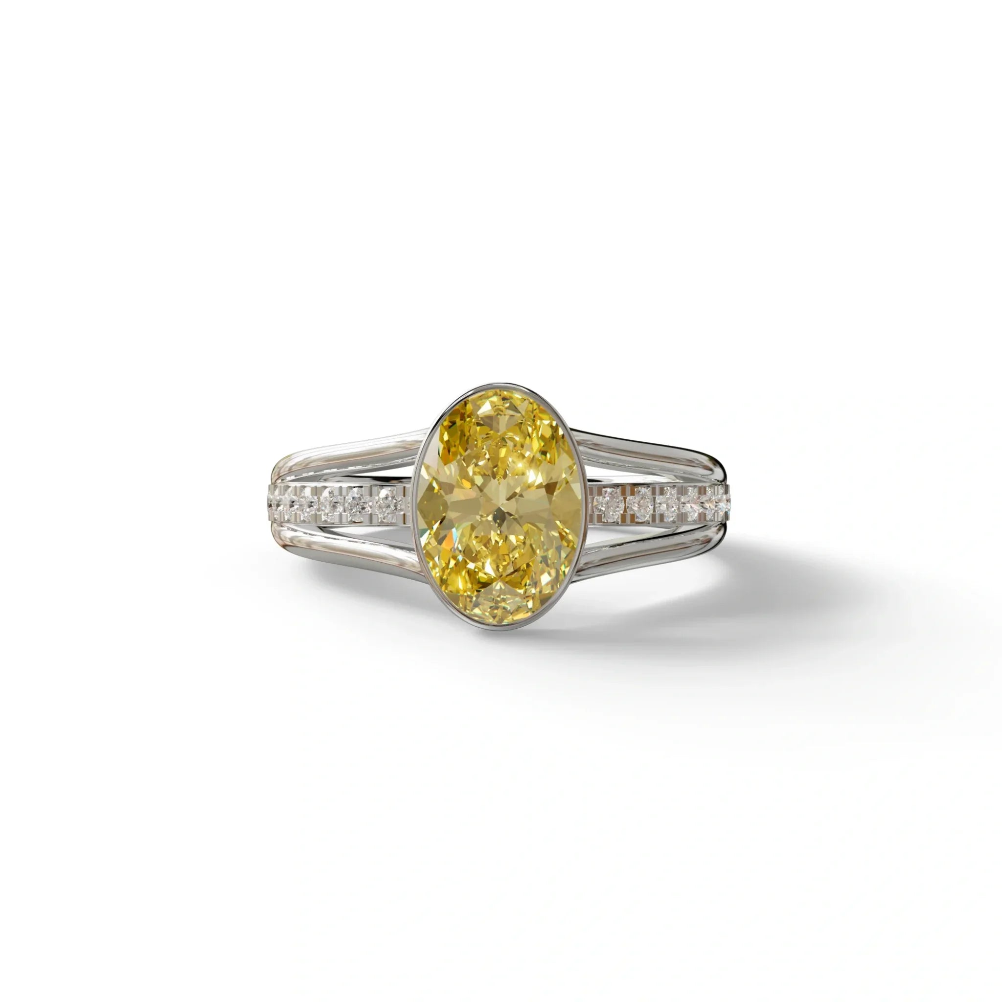 3 Carat Fancy Vivid Yellow Oval Cut Bezel Setting Lab Grown Diamond Engagement Ring- Prisma - 10K Solid Gold / White