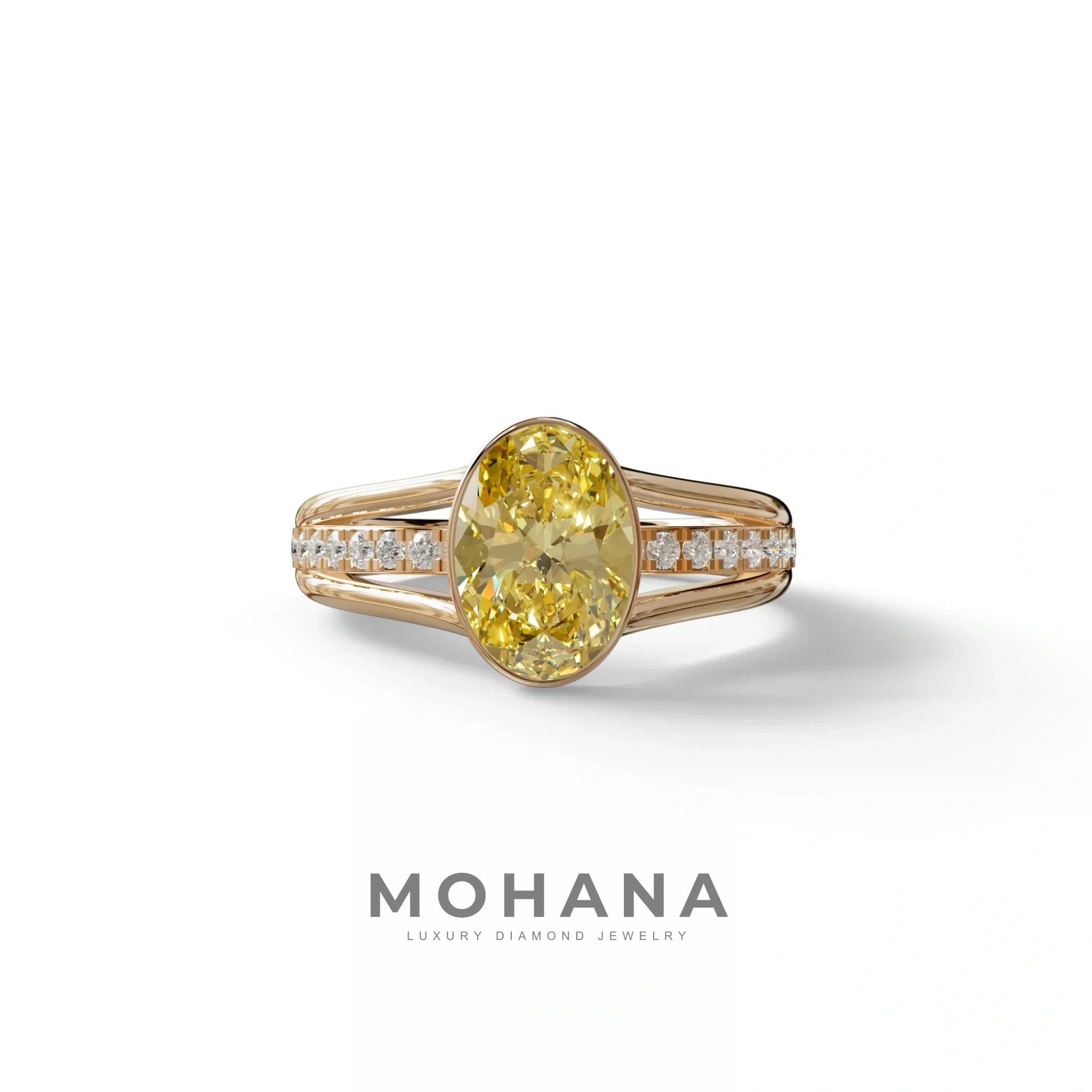 3 Carat Fancy Vivid Yellow Oval Cut Bezel Setting Lab Grown Diamond Engagement Ring- Prisma - 10K Solid Gold / Rose Gold