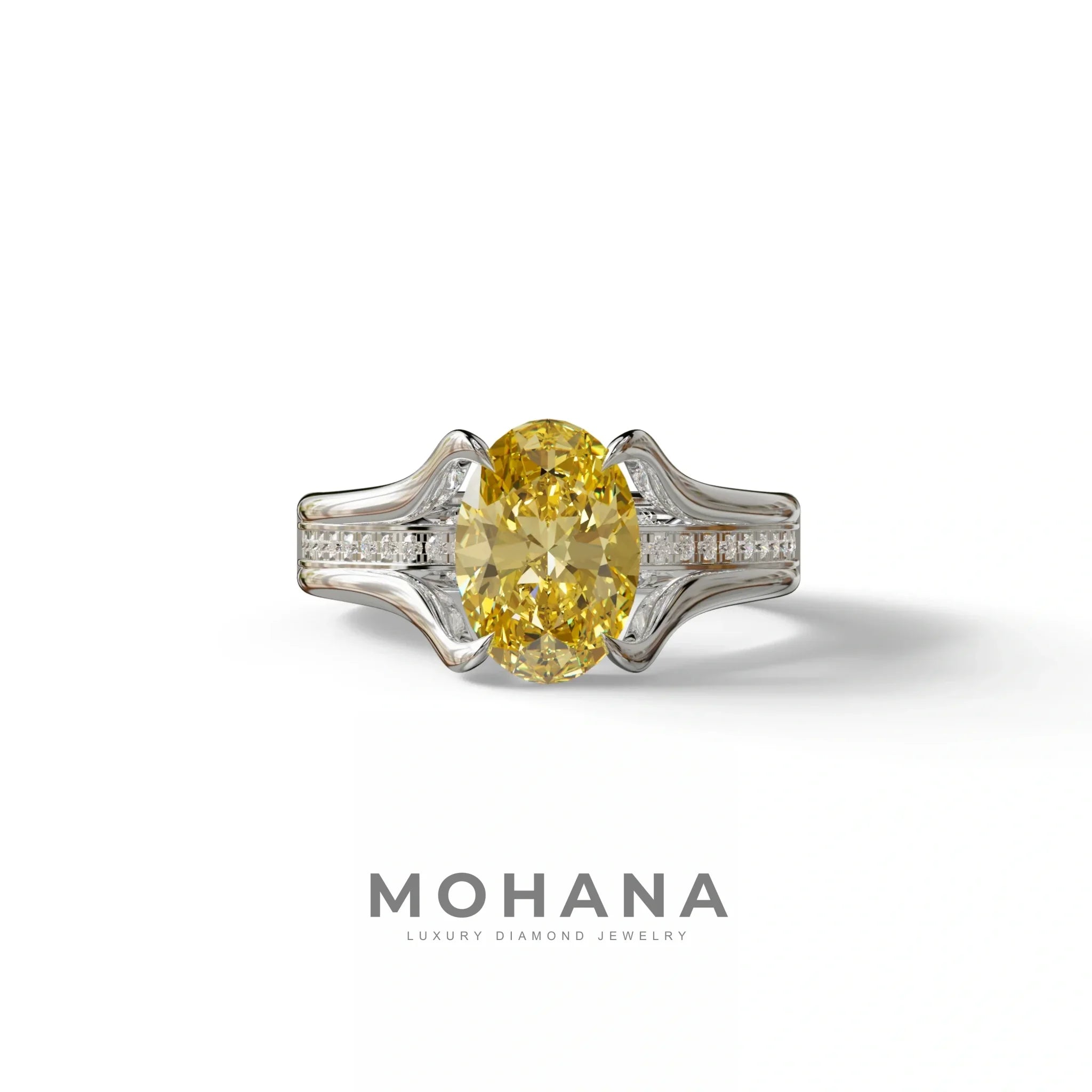 3 Carat Fancy Vivid Yellow Oval Cut Lab-Grown Diamond Engagement Ring – Beverly - 10K Solid Gold / White Gold