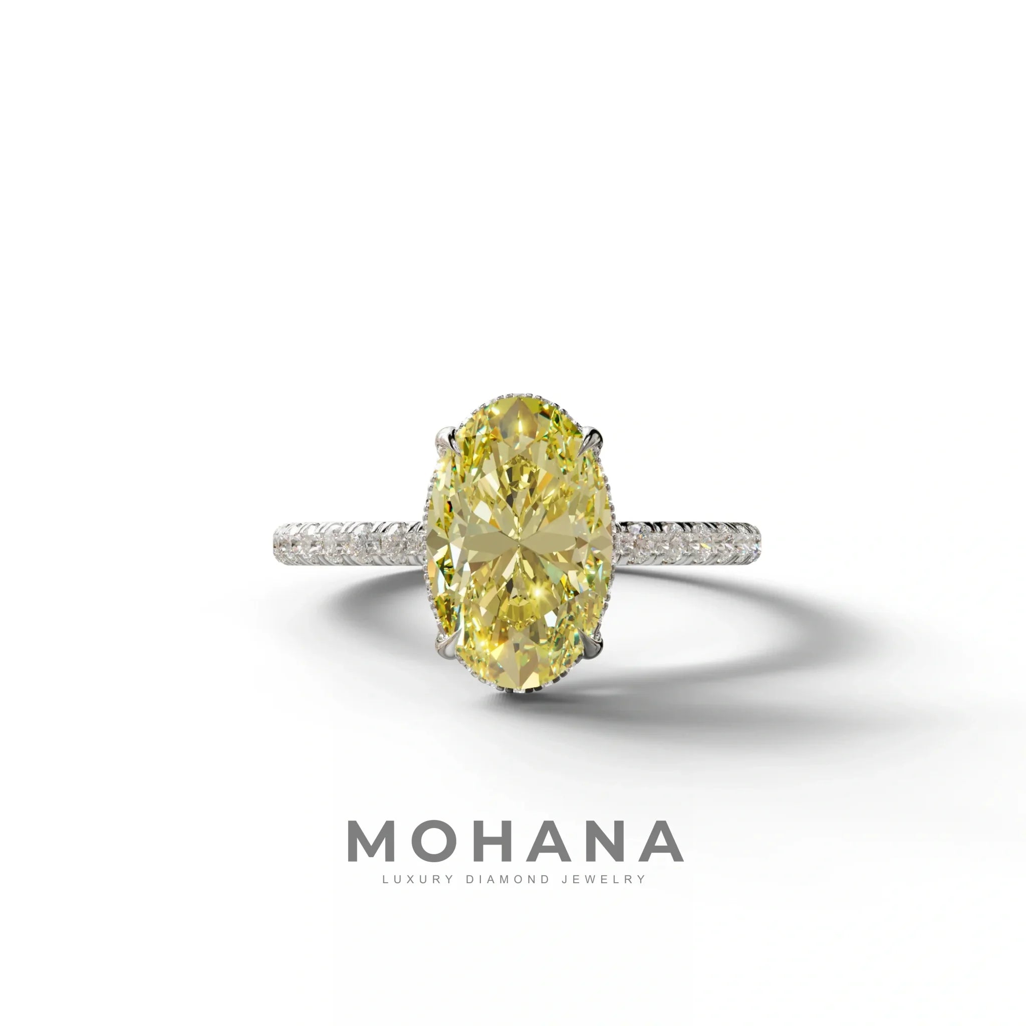 3 Carat Yellow Oval Cut Hidden Halo & Pave Setting Lab Grown Diamond Ring - 10K Solid Gold / White Gold