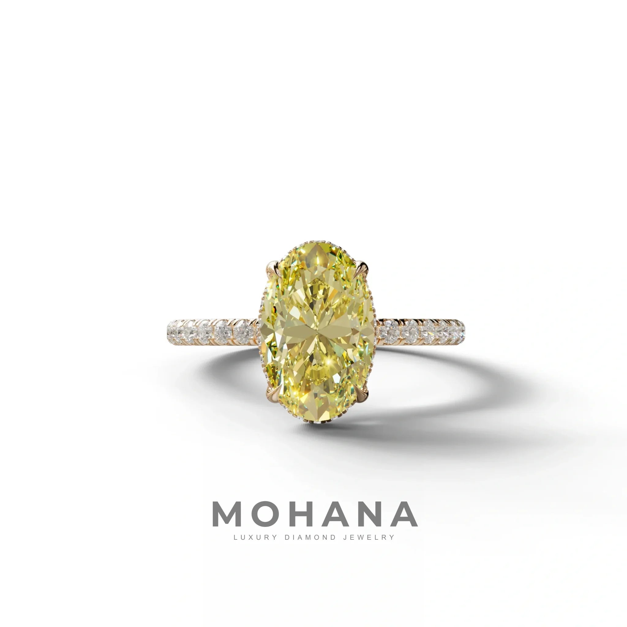 3 Carat Yellow Oval Cut Hidden Halo & Pave Setting Lab Grown Diamond Ring - 10K Solid Gold / Rose Gold