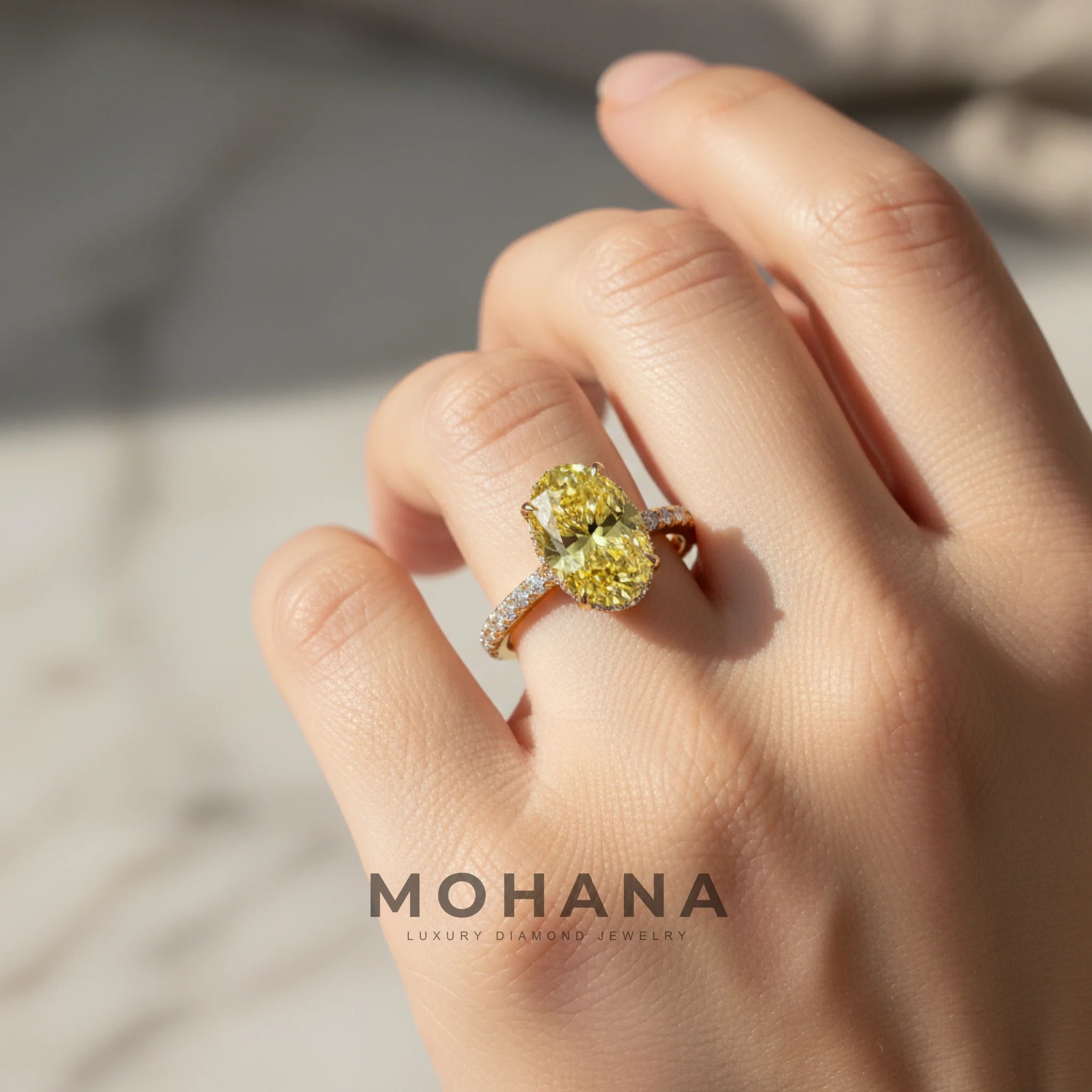 3 Carat Fancy Yellow Oval Cut Hidden Halo & Pave Lab Grown Diamond Ring