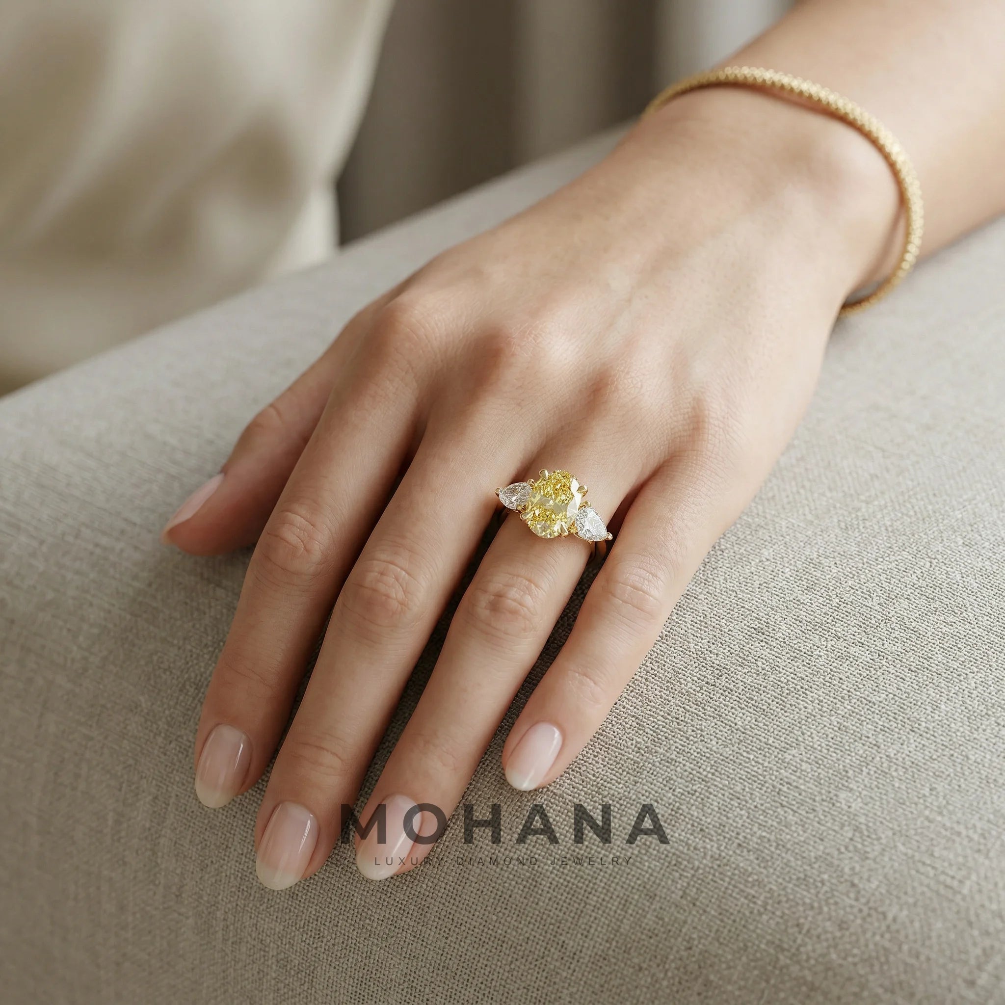 3 Carat Yellow Oval Cut Lab Grown Diamond Three Stone Engagement Ring with 0.50 Carat Pear Side Stones