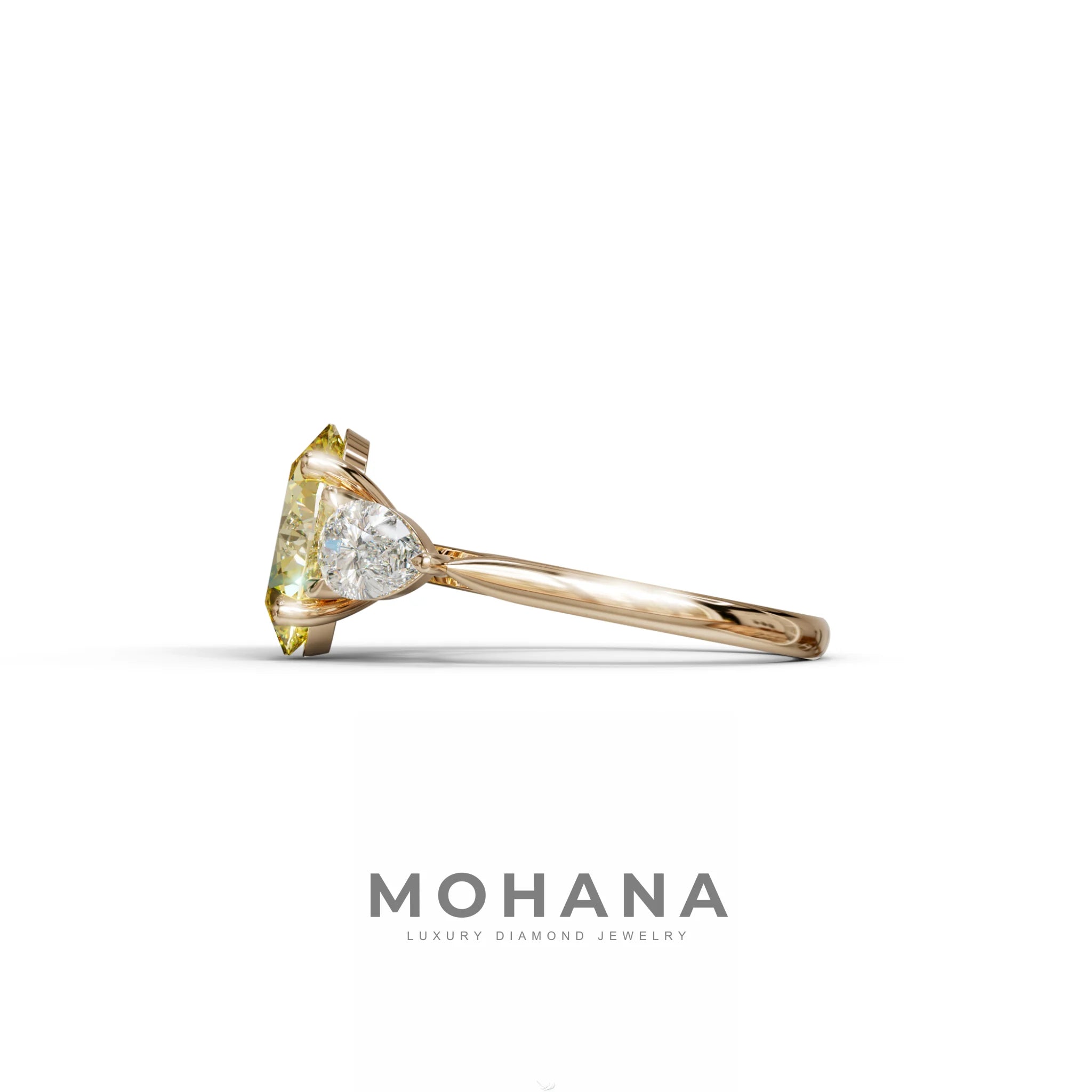 3 Carat Yellow Oval Cut Lab Grown Diamond Three Stone Engagement Ring with 0.50 Carat Pear Side Stones