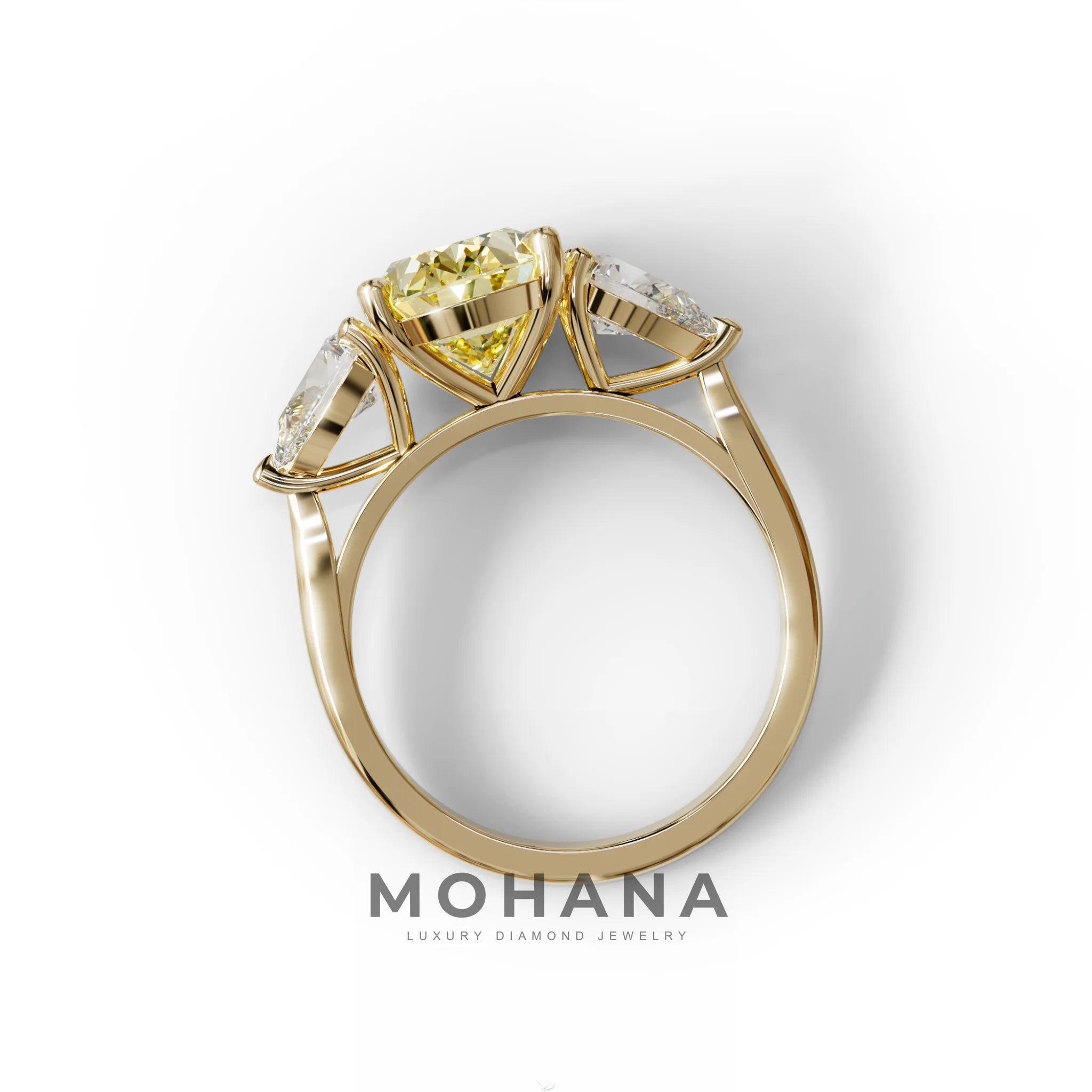 3 Carat Yellow Oval Cut Lab Grown Diamond Three Stone Engagement Ring with 0.50 Carat Pear Side Stones