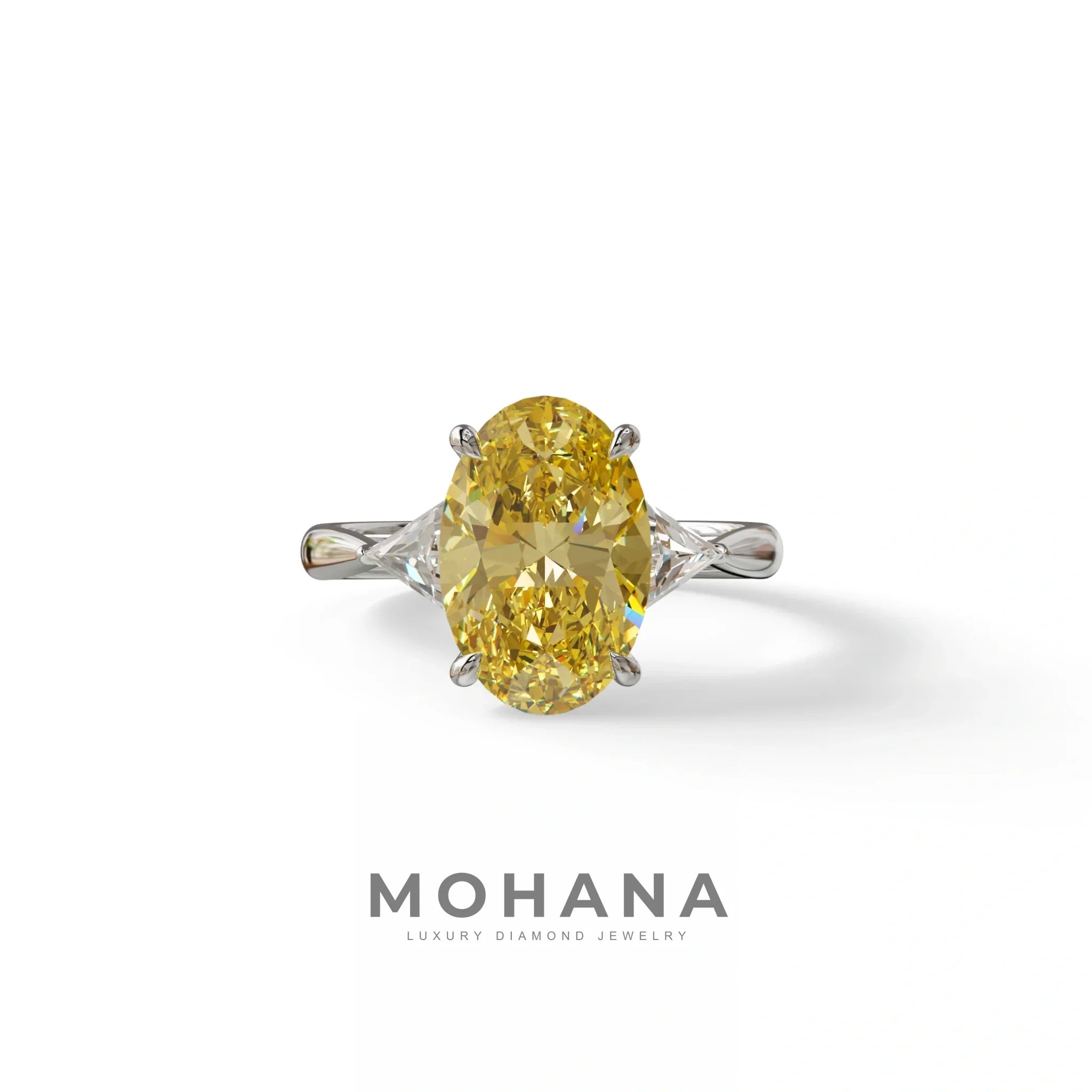 3Ct Yellow Oval Cut Lab Grown Diamond Three Stone Engagement Ring - Myza - 10K Solid Gold / White Gold