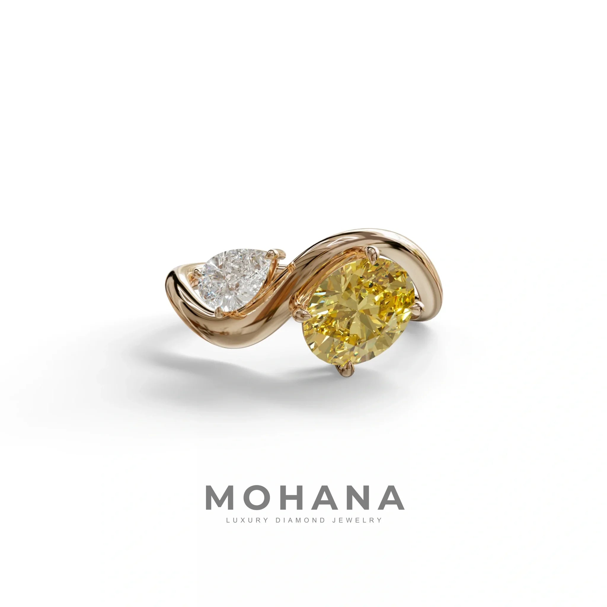 3 Carat Yellow Oval and Pear Cut Lab Diamond Engagement Ring - Toi Et Moi - 10K Solid Gold / Rose Gold