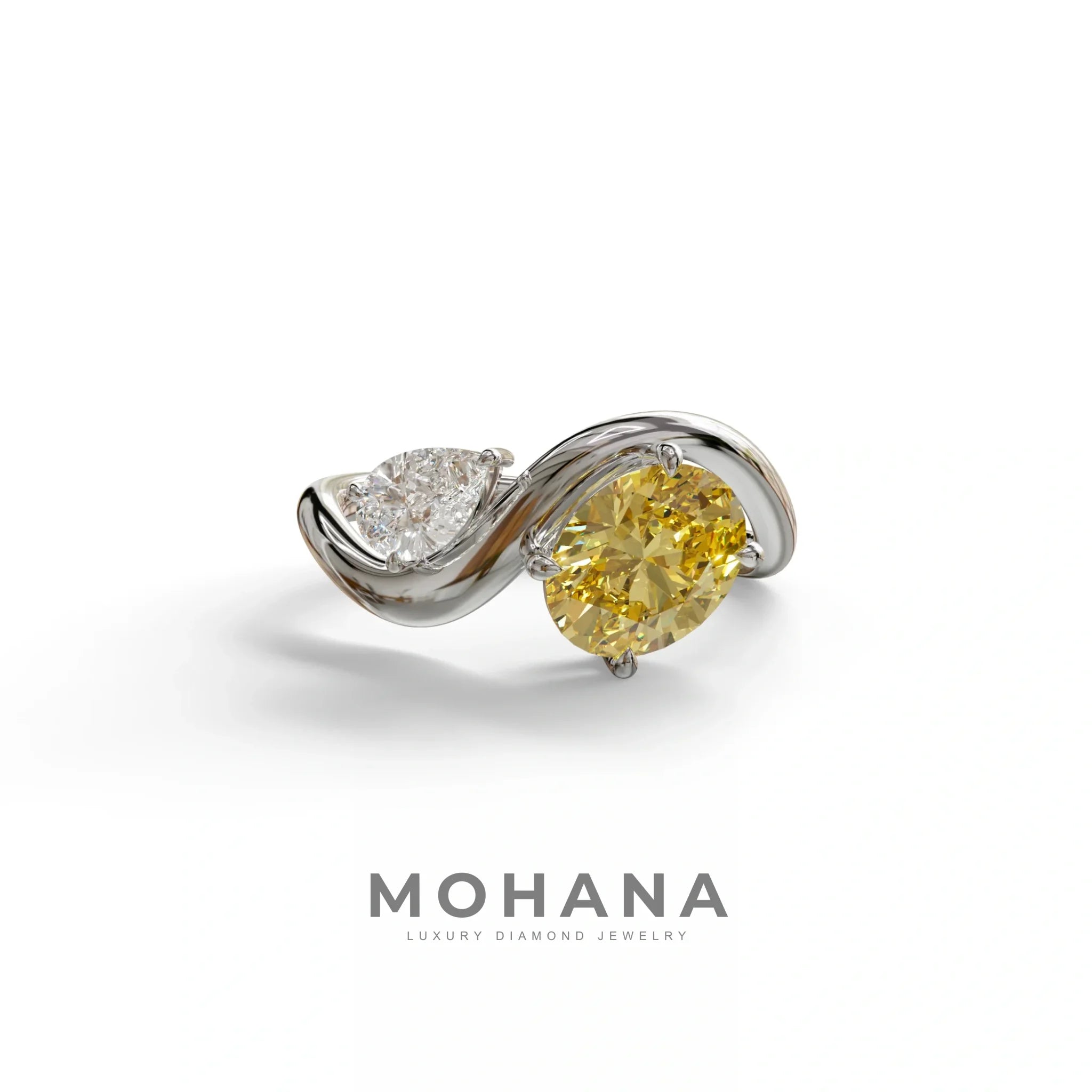 3 Carat Yellow Oval and Pear Cut Lab Diamond Engagement Ring - Toi Et Moi - 10K Solid Gold / White Gold
