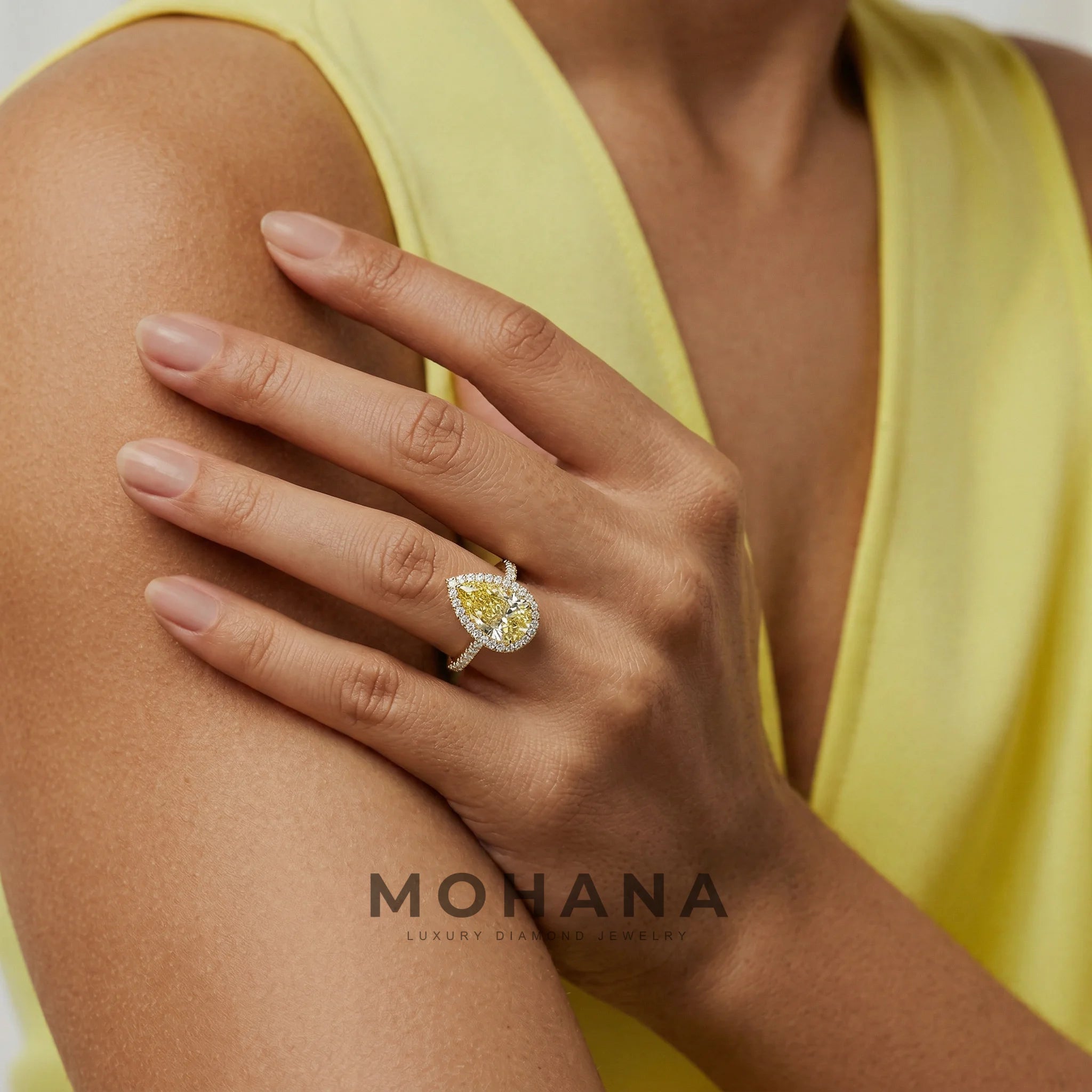 3ct Canary Yellow Pear Cut Halo & Pave Lab Grown Diamond Engagement Ring - Madona