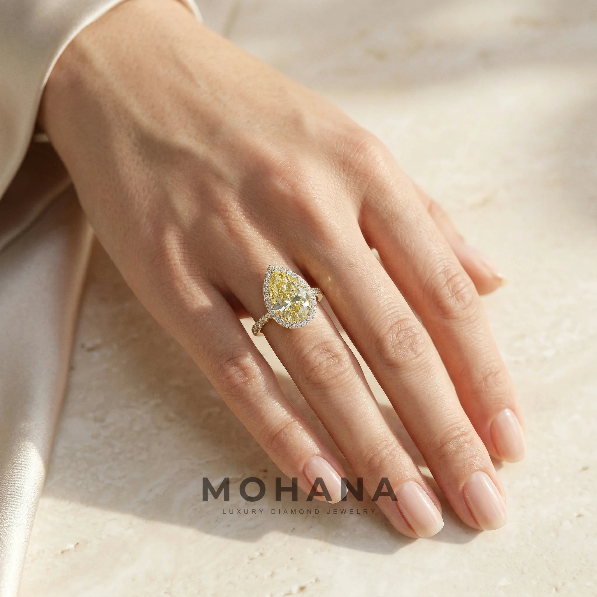 3ct Canary Yellow Pear Cut Halo & Pave Lab Grown Diamond Engagement Ring - Madona