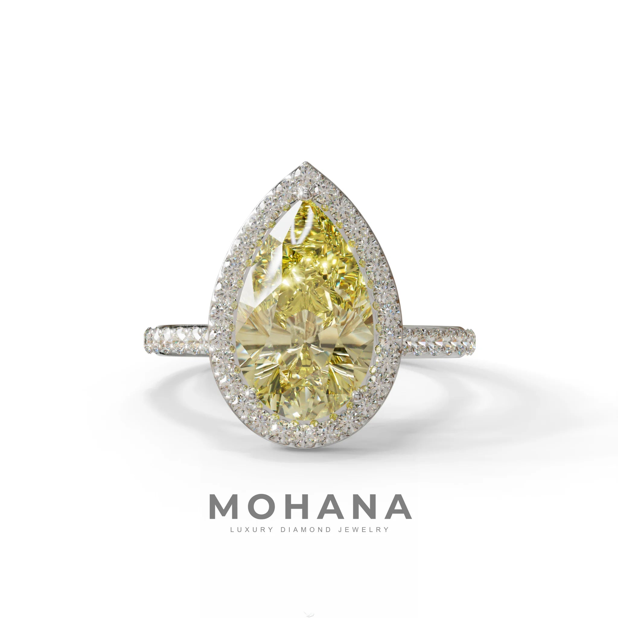 3 Carat Yellow Pear Cut Halo & Pave Setting Lab Grown Diamond Ring - Madona - 10K Solid Gold / White Gold