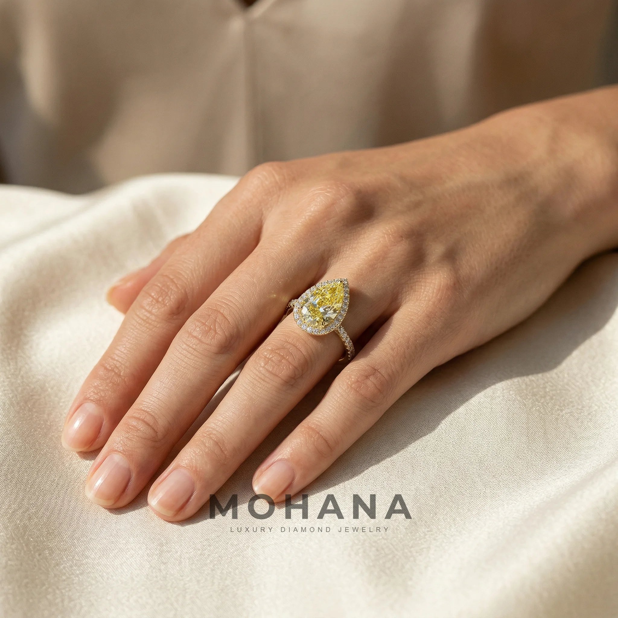 3ct Canary Yellow Pear Cut Halo & Pave Lab Grown Diamond Engagement Ring - Madona