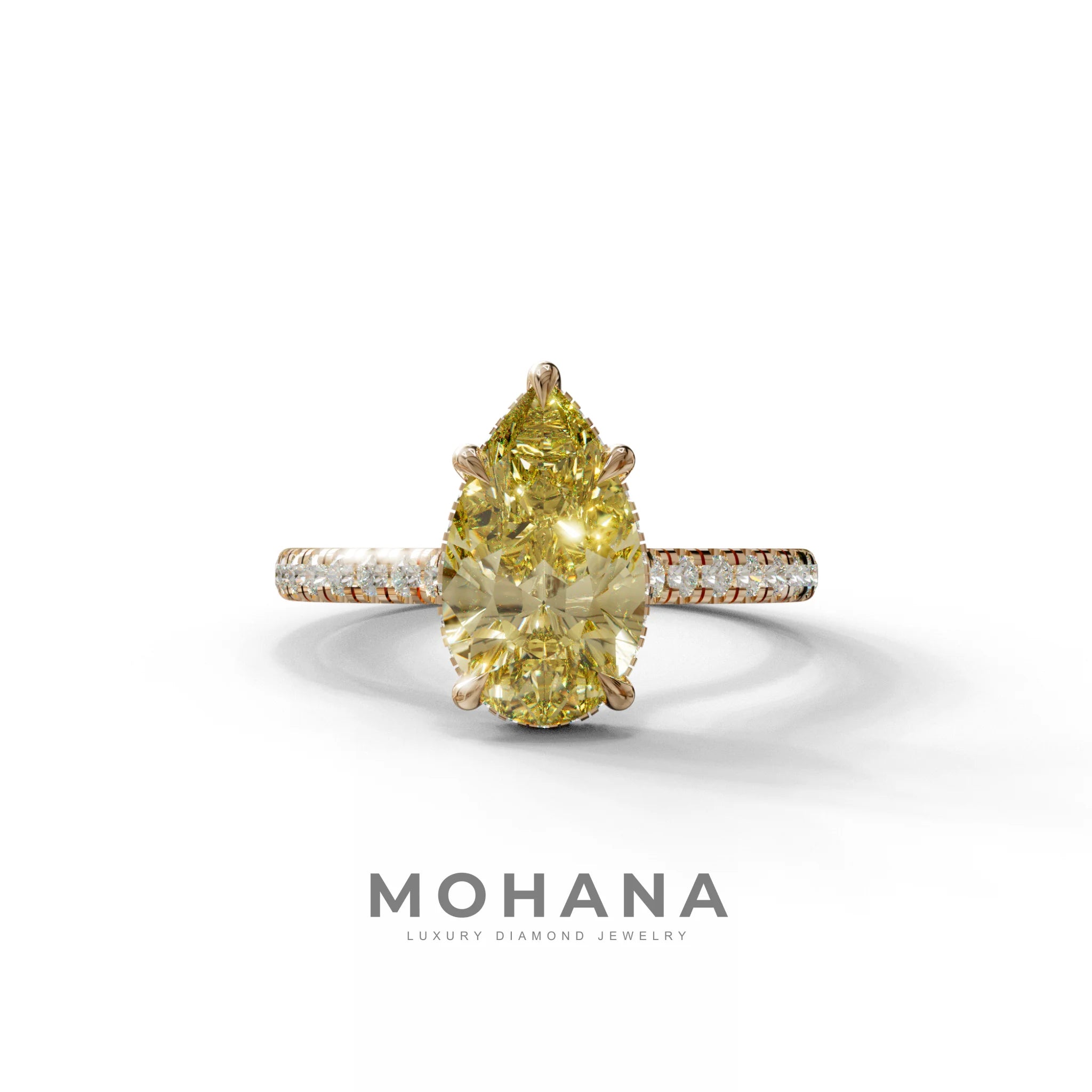 3 Carat Yellow Pear Cut Hidden Halo & Pave Set Lab Diamond Ring - Eblouissant - 10K Solid Gold / Rose Gold