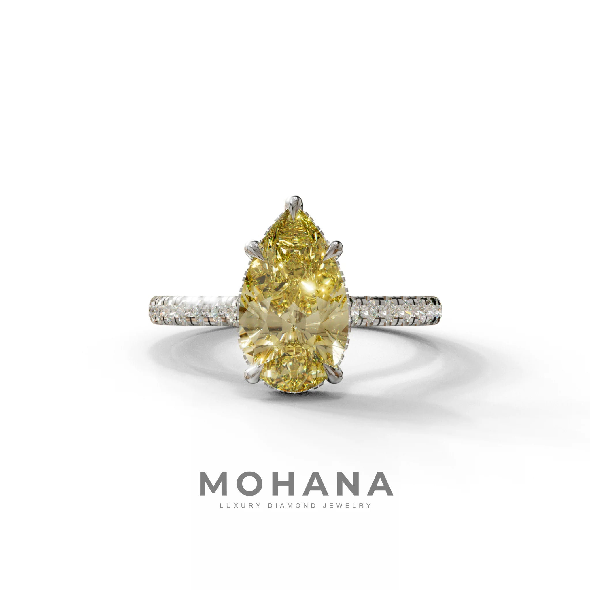 3 Carat Yellow Pear Cut Hidden Halo & Pave Set Lab Diamond Ring - Eblouissant - 10K Solid Gold / White Gold