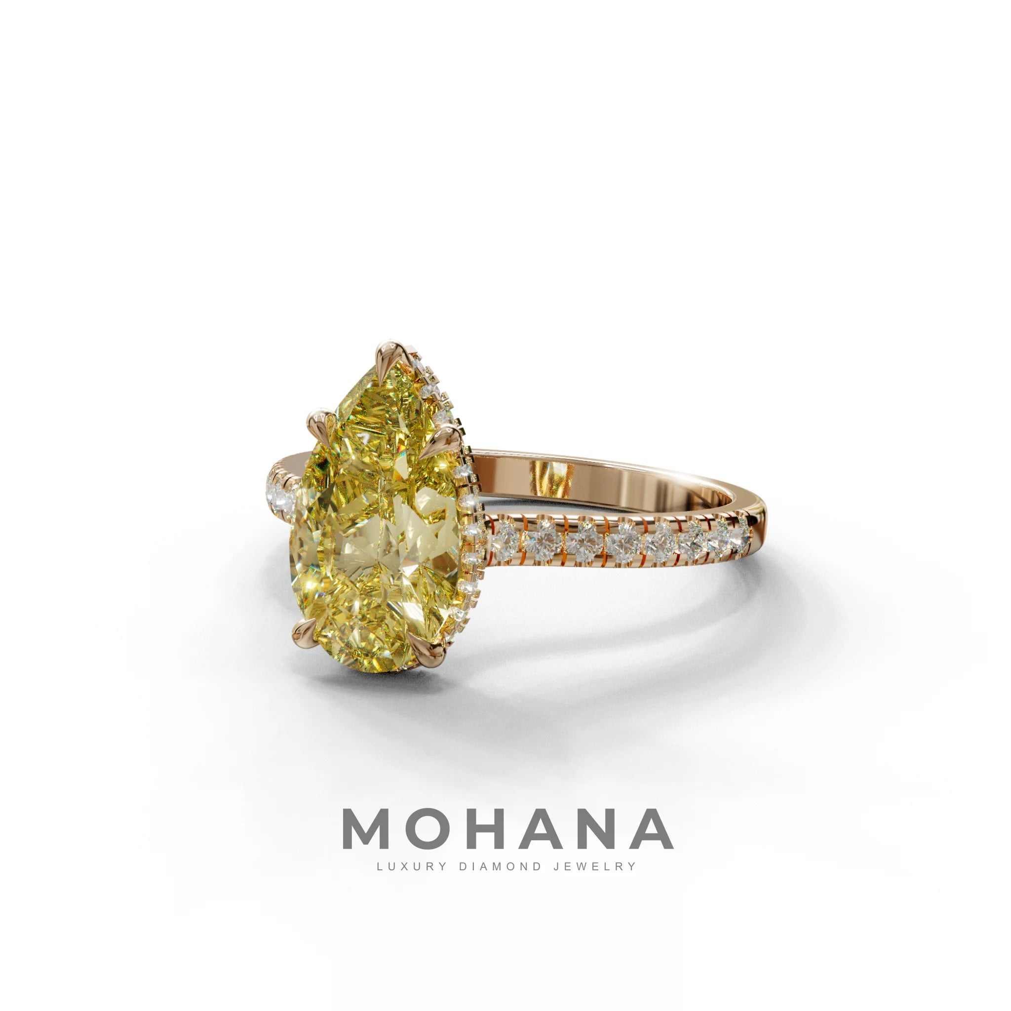 3 Carat Yellow Pear Cut Hidden Halo & Pave Set Lab Diamond Ring - Eblouissant