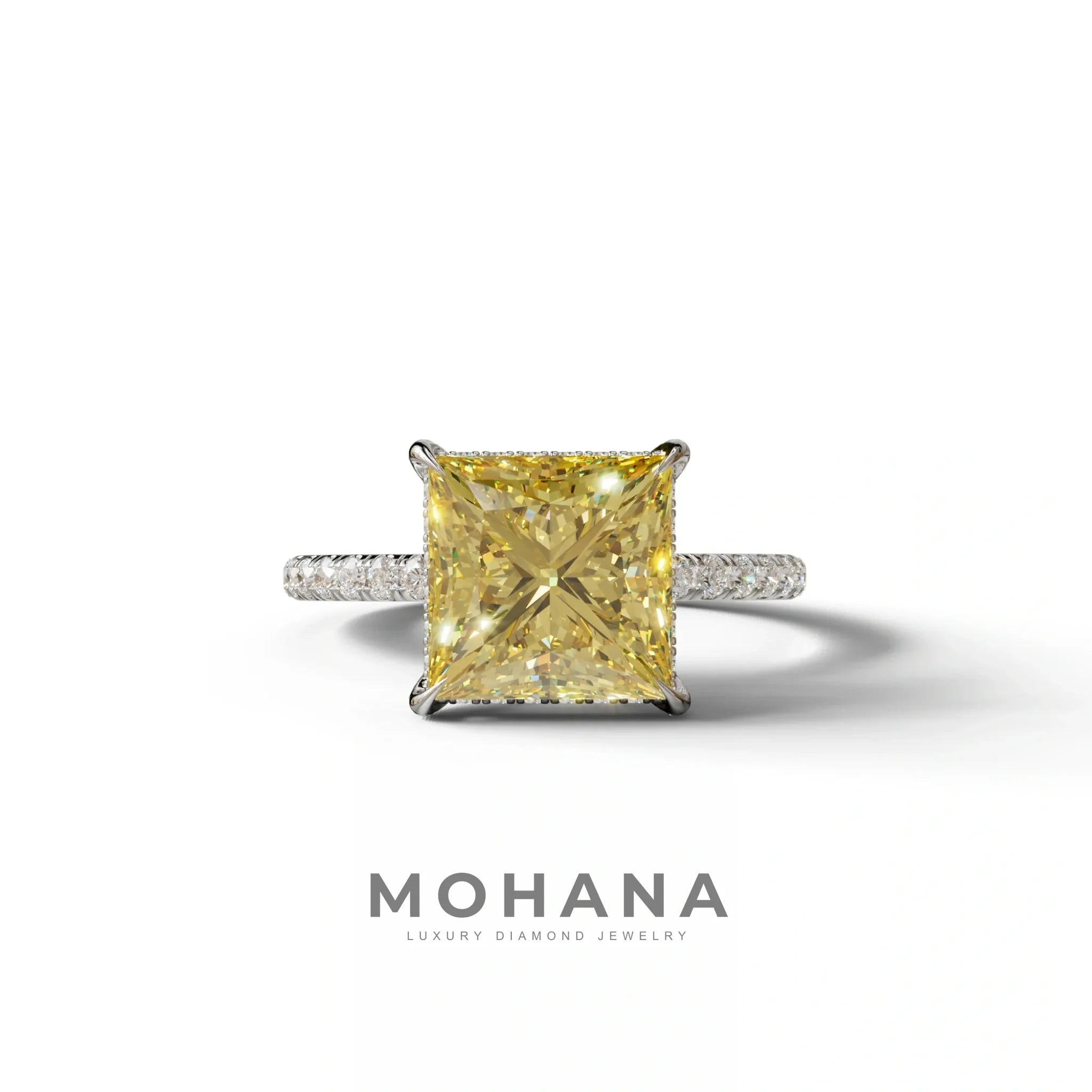 3 Carat Yellow Princess Cut Hidden Halo & Pave Lab Diamond Ring - 10K Solid Gold / White Gold