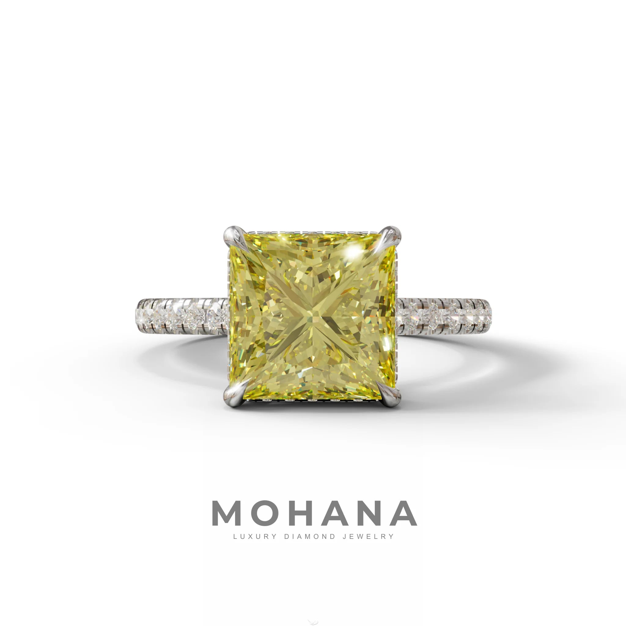 3 Carat Fancy Yellow Princess Cut Hidden Halo Lab Grown Diamond Engagement Ring - 10K Solid Gold / White Gold