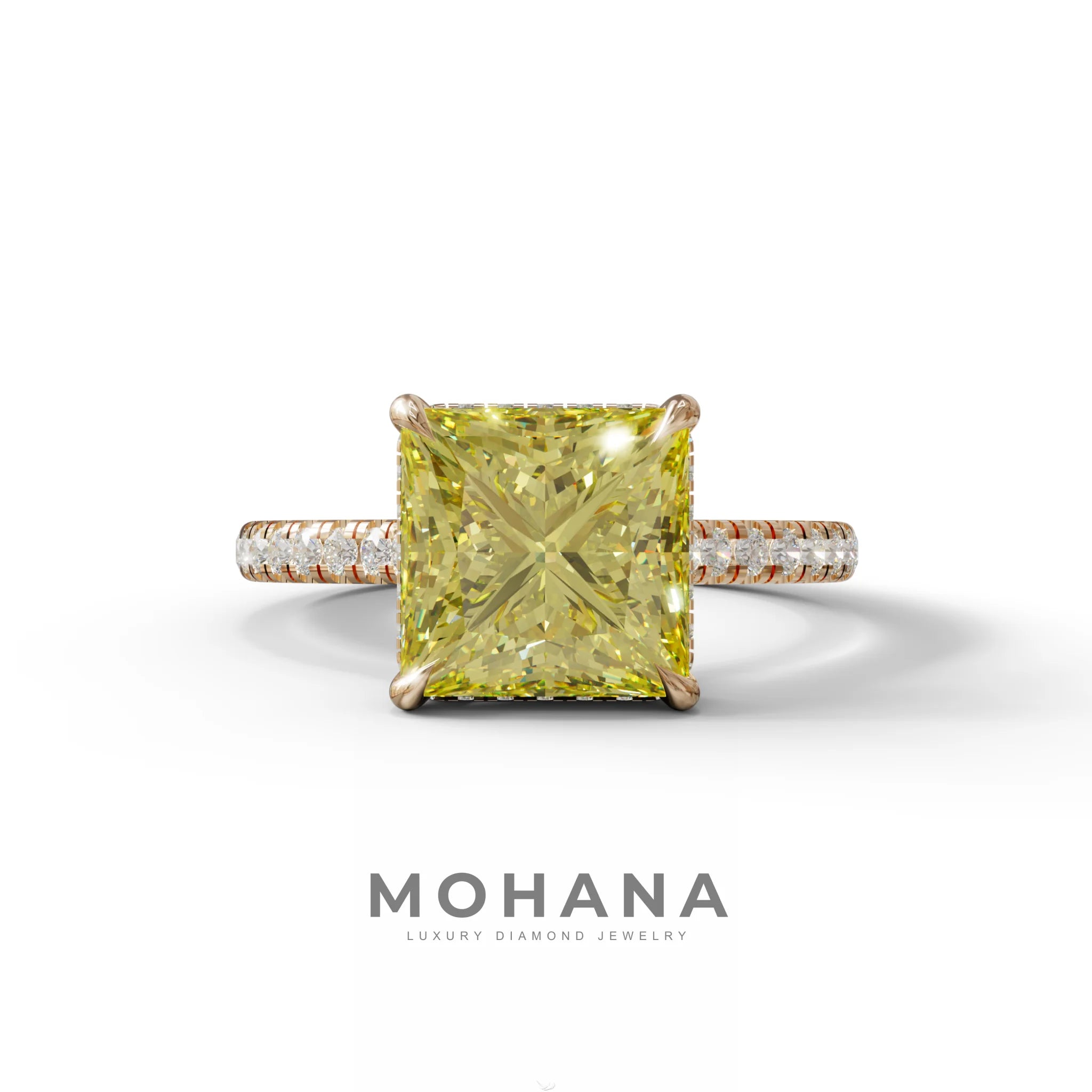 3 Carat Fancy Yellow Princess Cut Hidden Halo Lab Grown Diamond Engagement Ring - 10K Solid Gold / Rose Gold