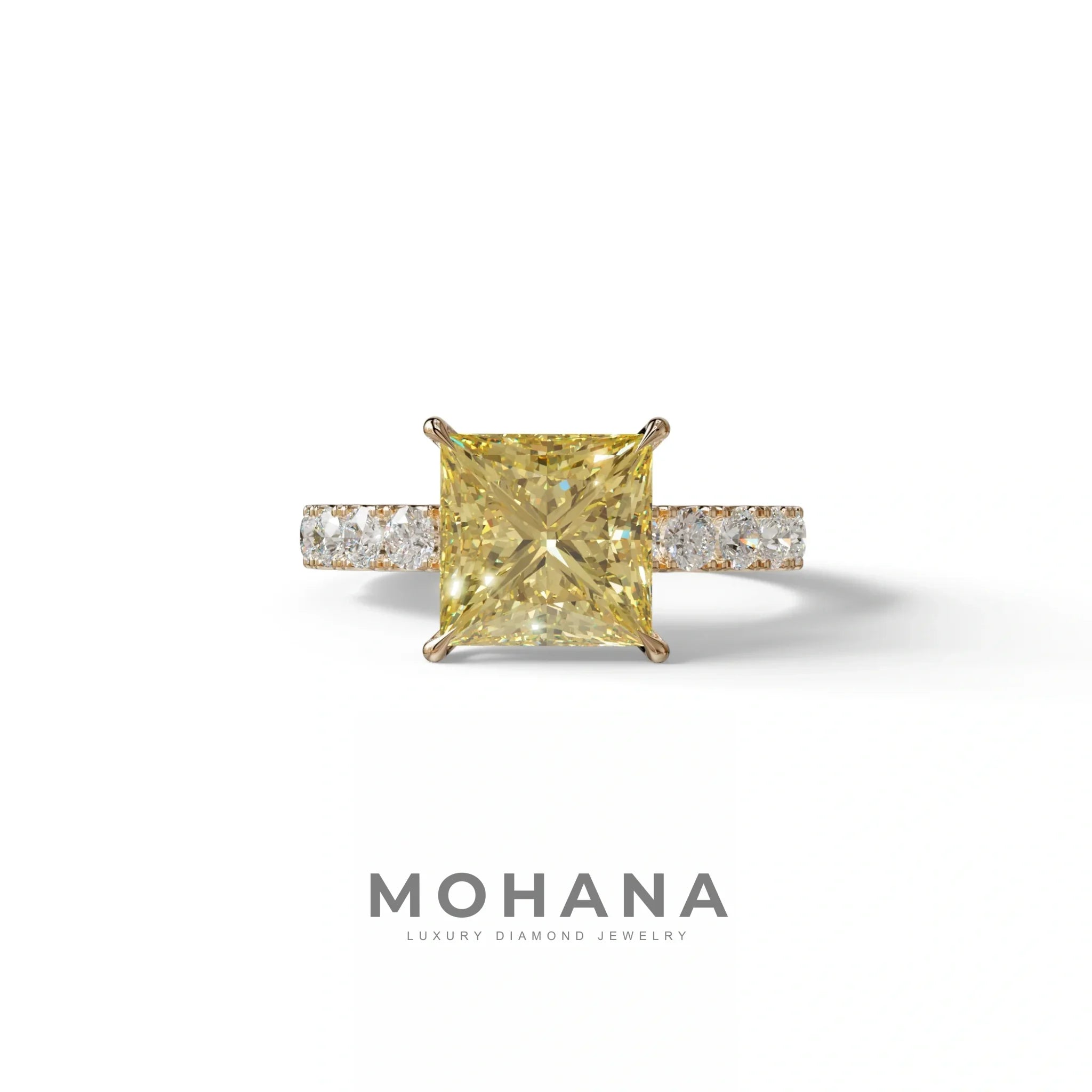 3 Carat Yellow Princess Cut Pave Lab Created Ring - Elysia - 10K Solid Gold / Rose Gold