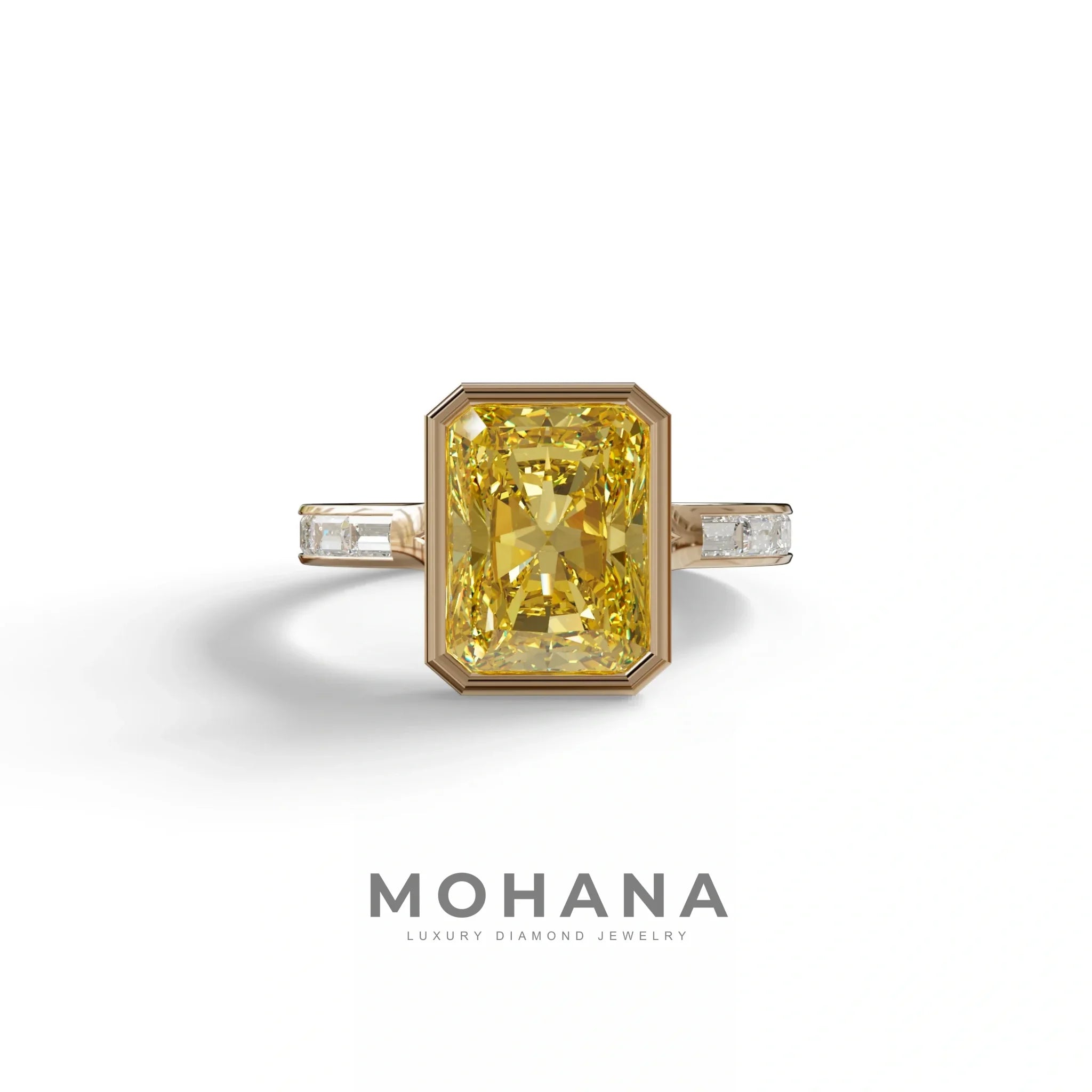 3 Ct Radiant Cut Yellow Color Lab Diamond Ring With Bezel Set - Olymipia - 10K Solid Gold / Rose Gold