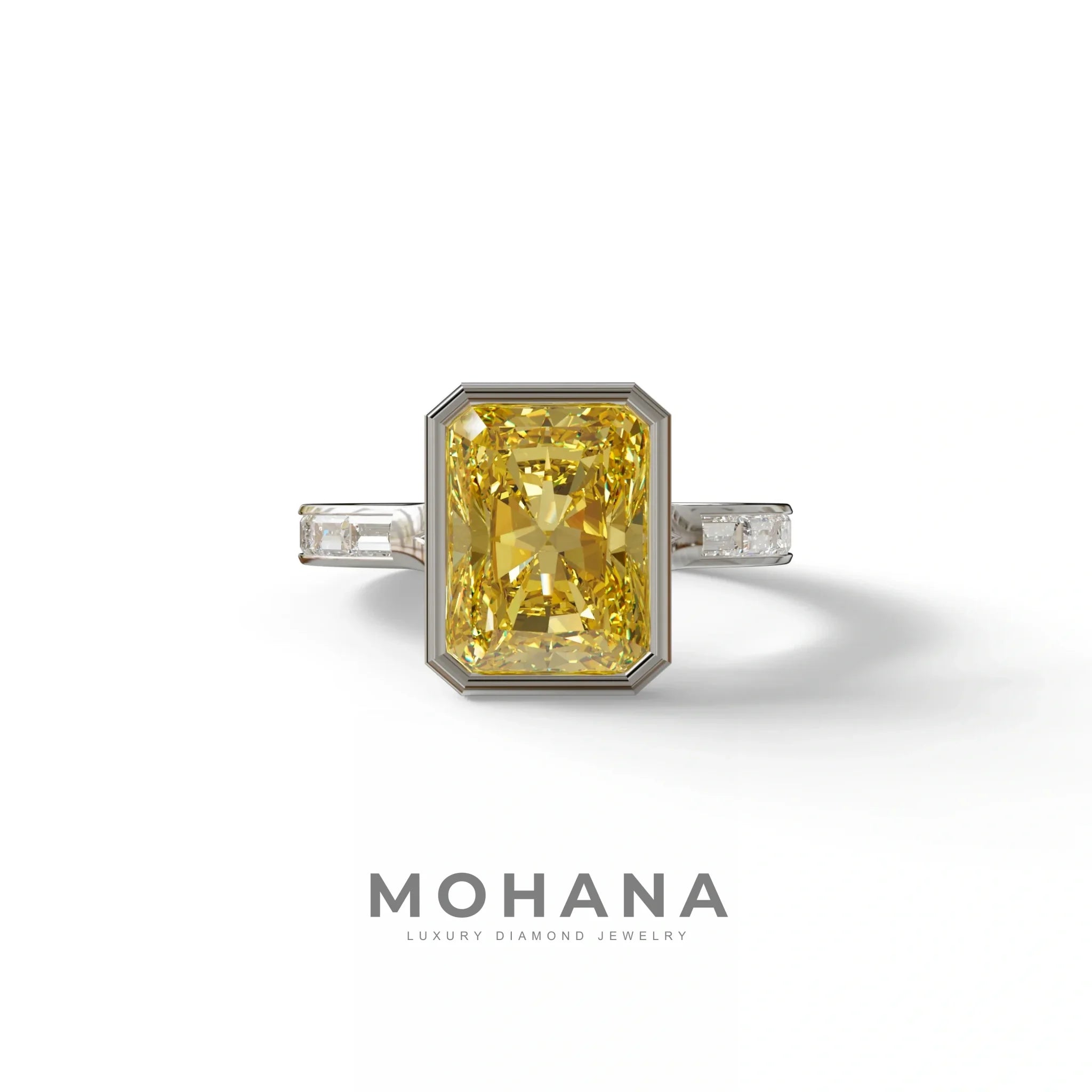 3 Ct Radiant Cut Yellow Color Lab Diamond Ring With Bezel Set - Olymipia - 10K Solid Gold / White Gold