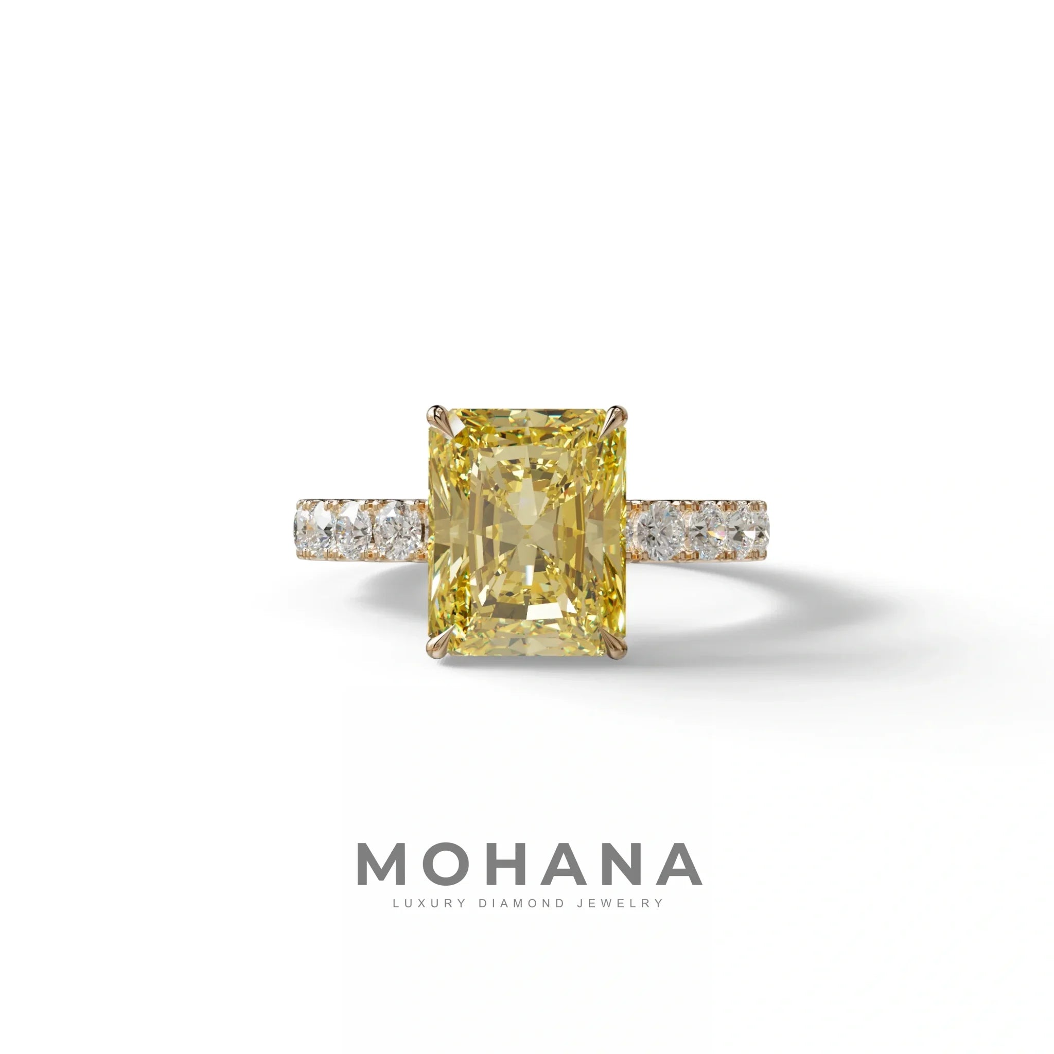 3 Carat Yellow Radiant Shaped Hidden Halo Eternity Lab Diamond Ring - Lace Bridge - 10K Solid Gold / Rose Gold