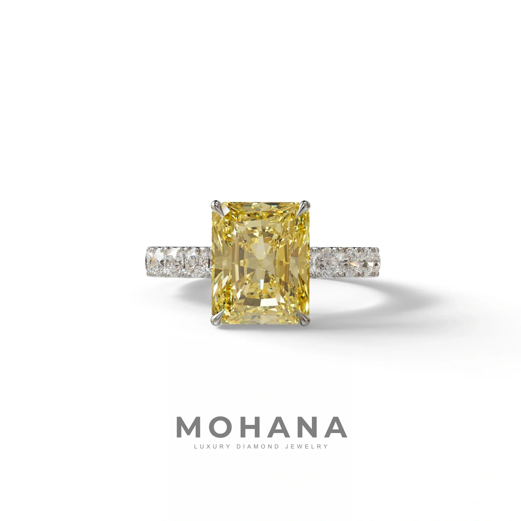 3 Carat Yellow Radiant Shaped Hidden Halo Eternity Lab Diamond Ring - Lace Bridge - 10K Solid Gold / White Gold