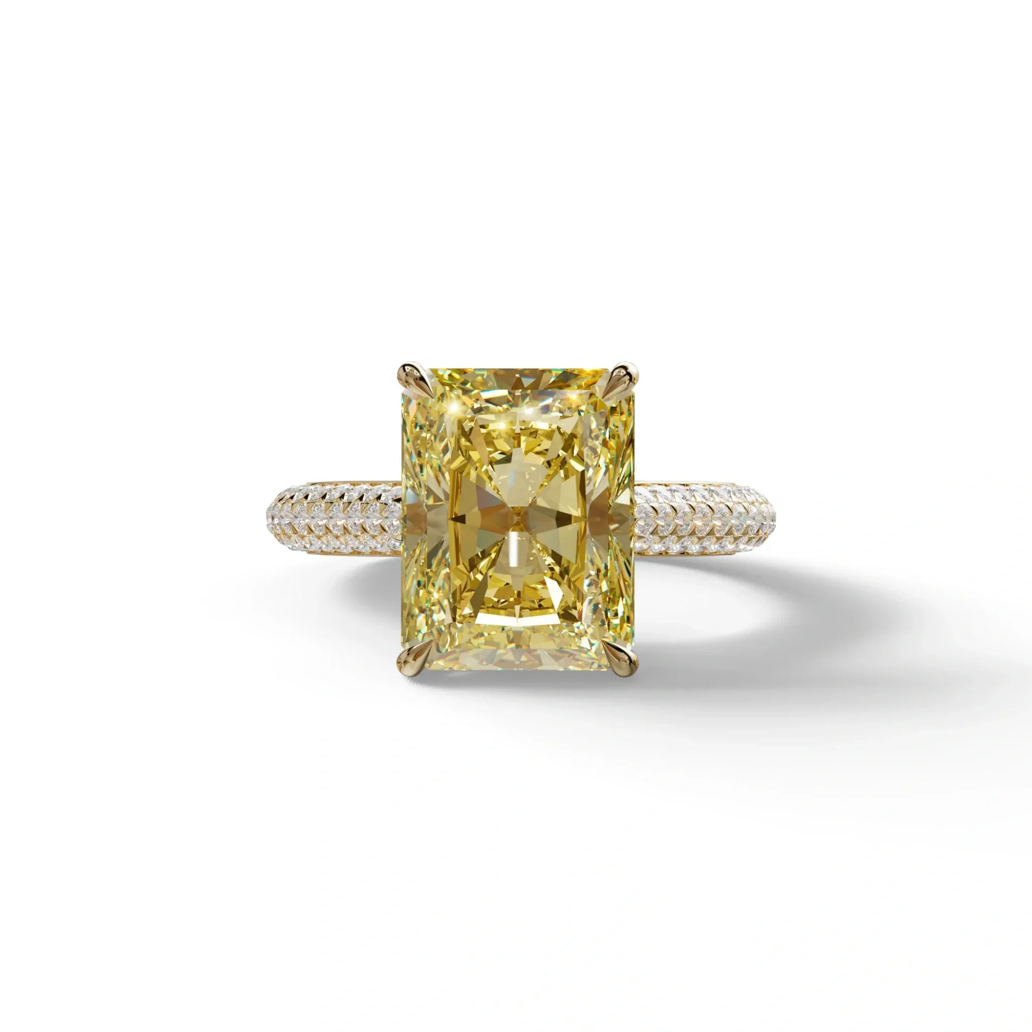 3 Carat Yellow Radiant Cut Hidden Halo & Pave Set Lab Diamond Ring - Riviera - 10K Solid Gold / Yellow Gold
