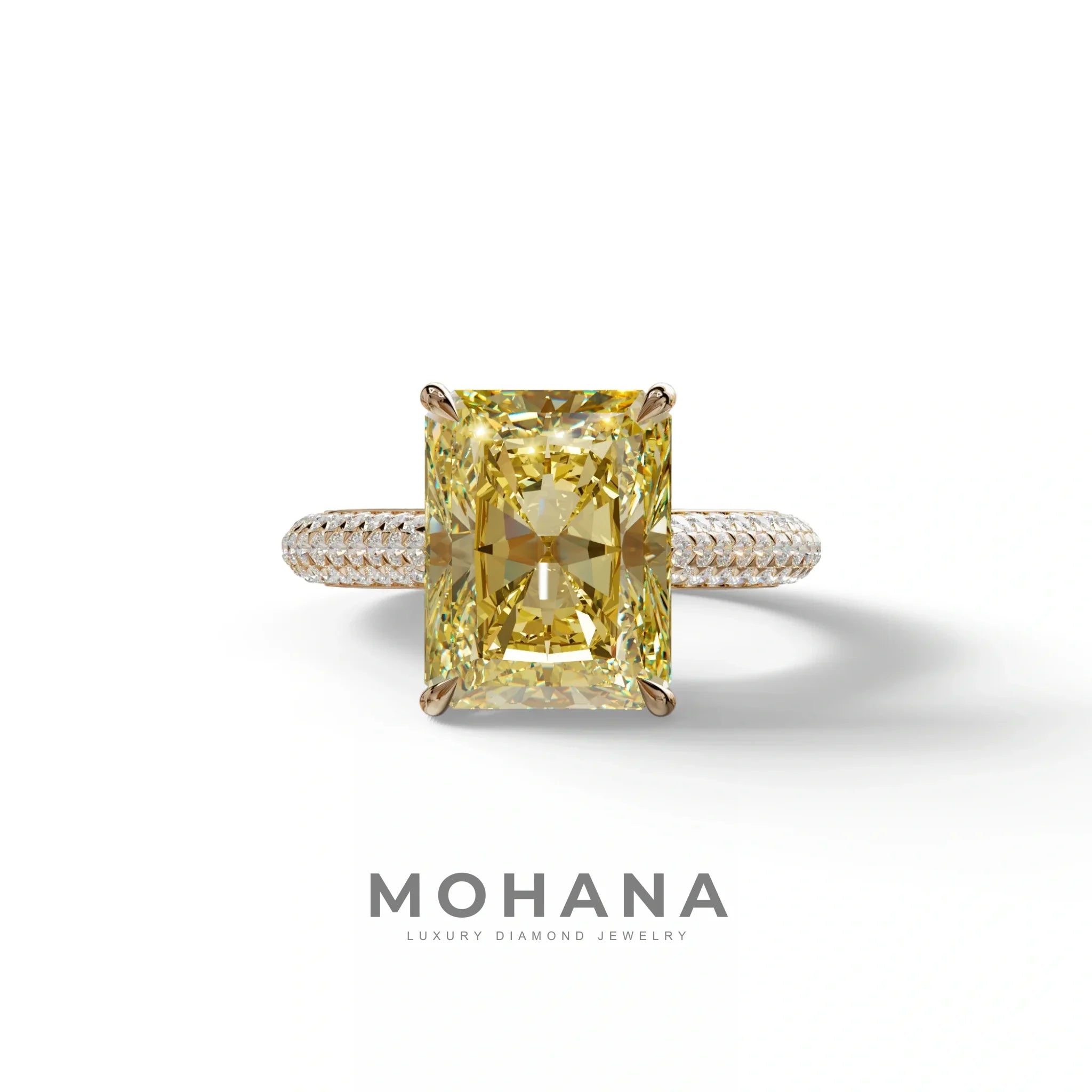3 Carat Yellow Radiant Cut Hidden Halo & Pave Set Lab Diamond Ring - Riviera - 10K Solid Gold / Rose Gold
