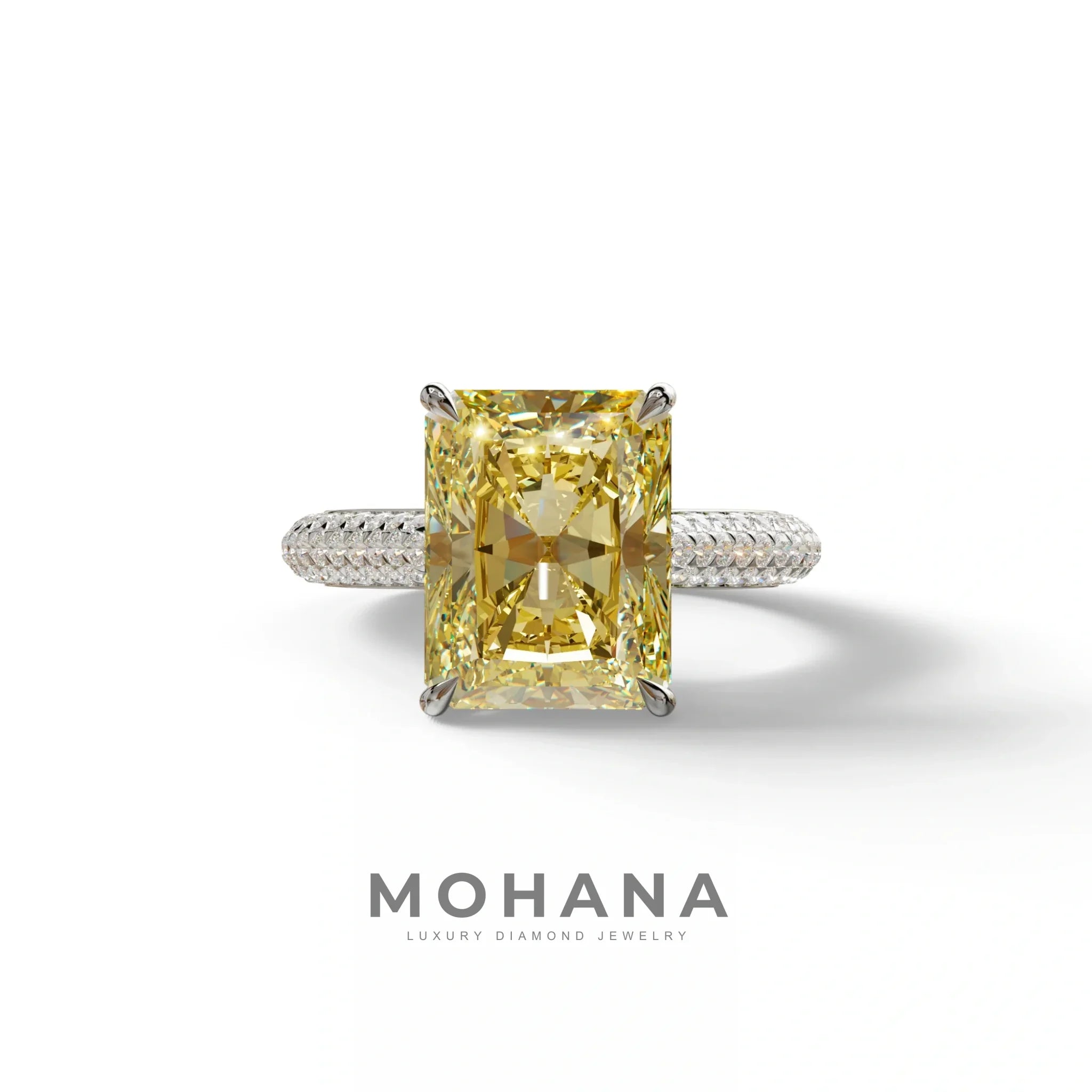 3 Carat Yellow Radiant Cut Hidden Halo & Pave Set Lab Diamond Ring - Riviera - 10K Solid Gold / White Gold