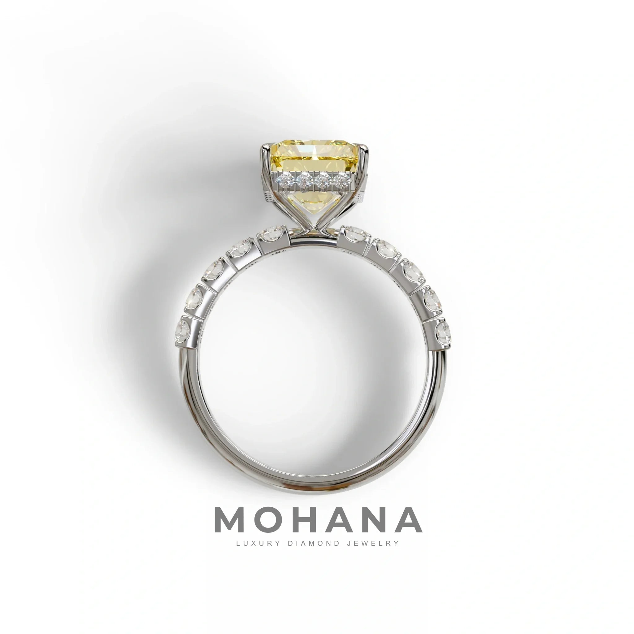 3 Carat Yellow Radiant Shaped Hidden Halo Eternity Lab Diamond Ring - Lace Bridge