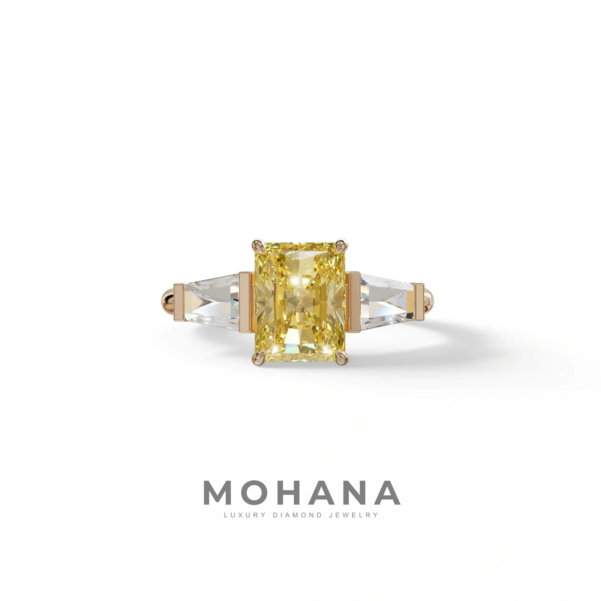 3Ct Yellow Radiant & Tapered Cut Lab Grown Diamond Three Stone Engagement Ring - Yana - 10K Solid Gold / Rose Gold