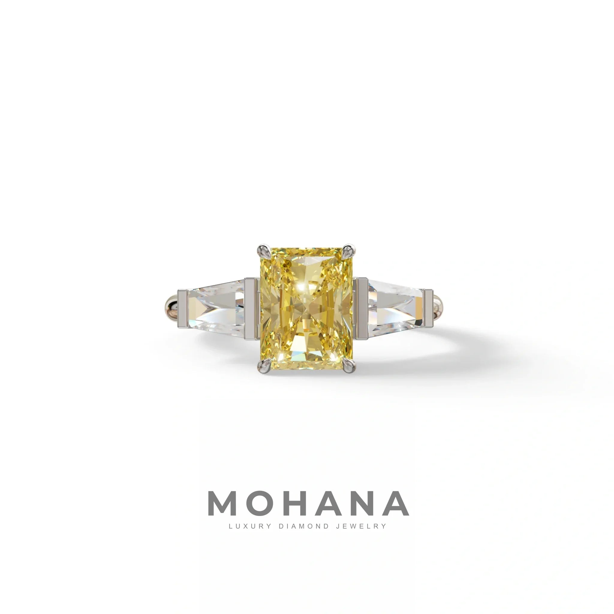 3Ct Yellow Radiant & Tapered Cut Lab Grown Diamond Three Stone Engagement Ring - Yana - 10K Solid Gold / White Gold