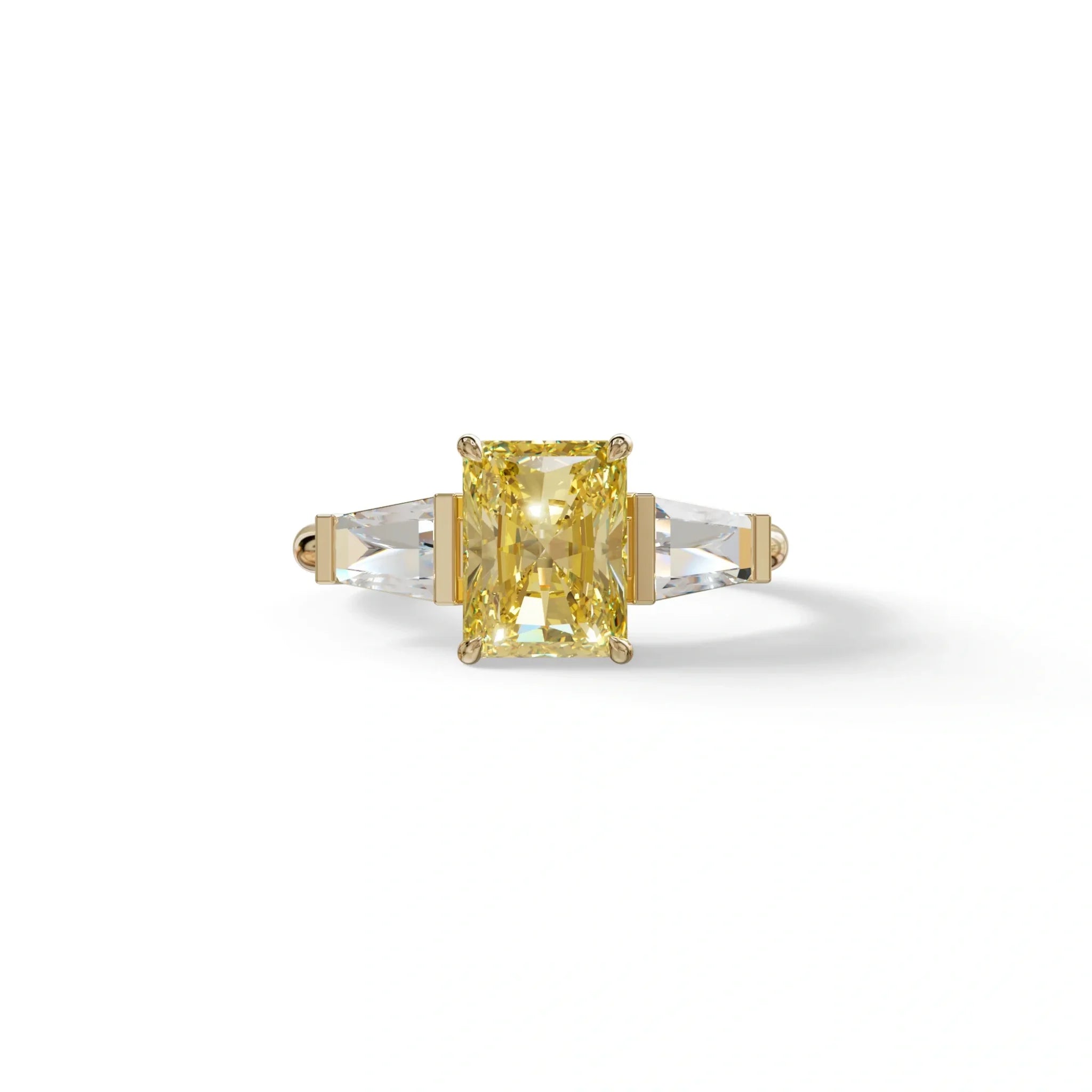 3Ct Yellow Radiant & Tapered Cut Lab Grown Diamond Three Stone Engagement Ring - Yana - 10K Solid Gold / Yellow Gold